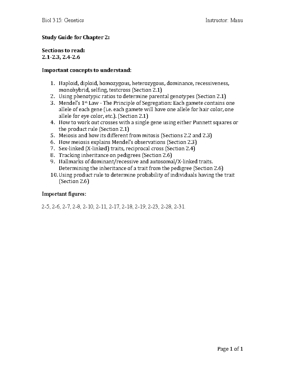 Study Guide for Chapter 2 - Biol 315: Genetics Instructor: Manu Study ...