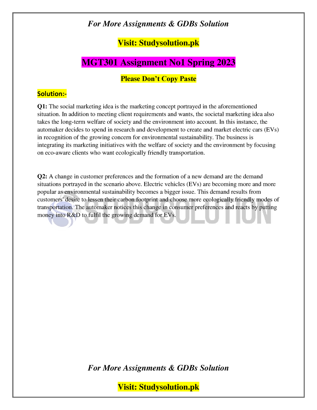 principles of marketing (mgt301) spring 2023 assignment no. 1