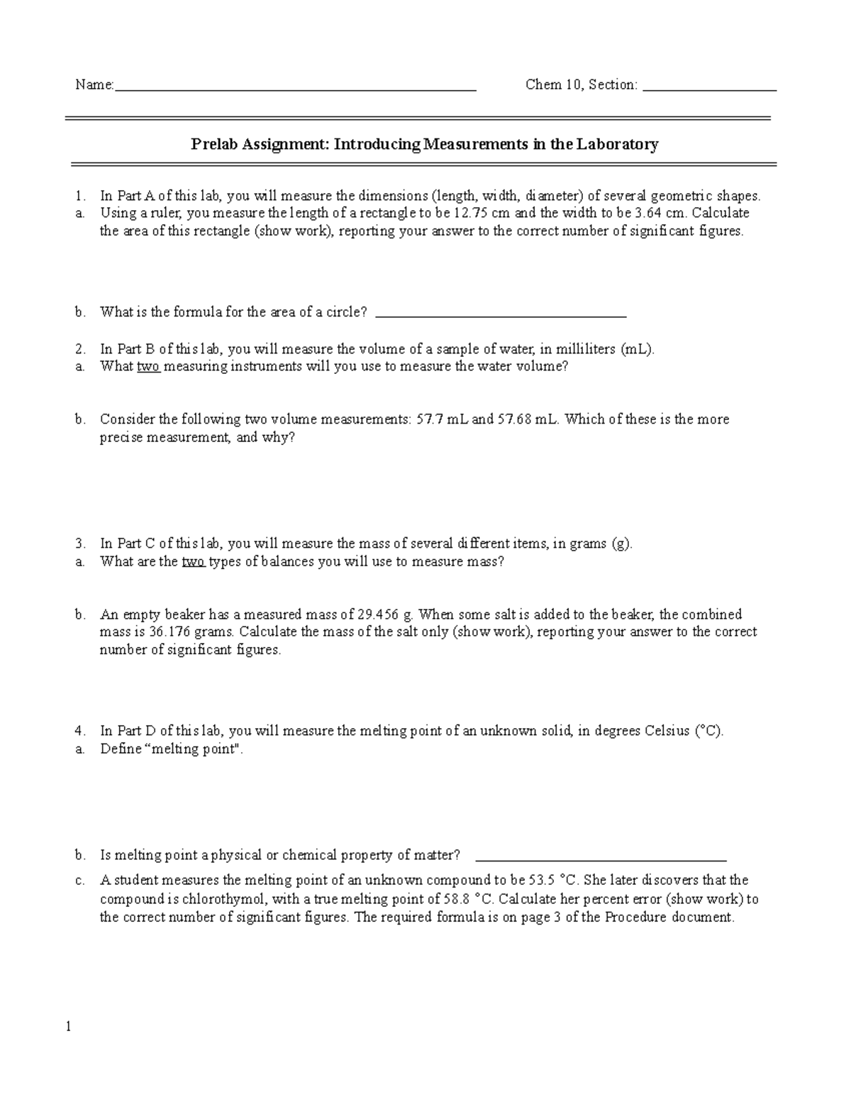 2 Measurement Prelab - Name: Chem 10, Section: Prelab Assignment ...