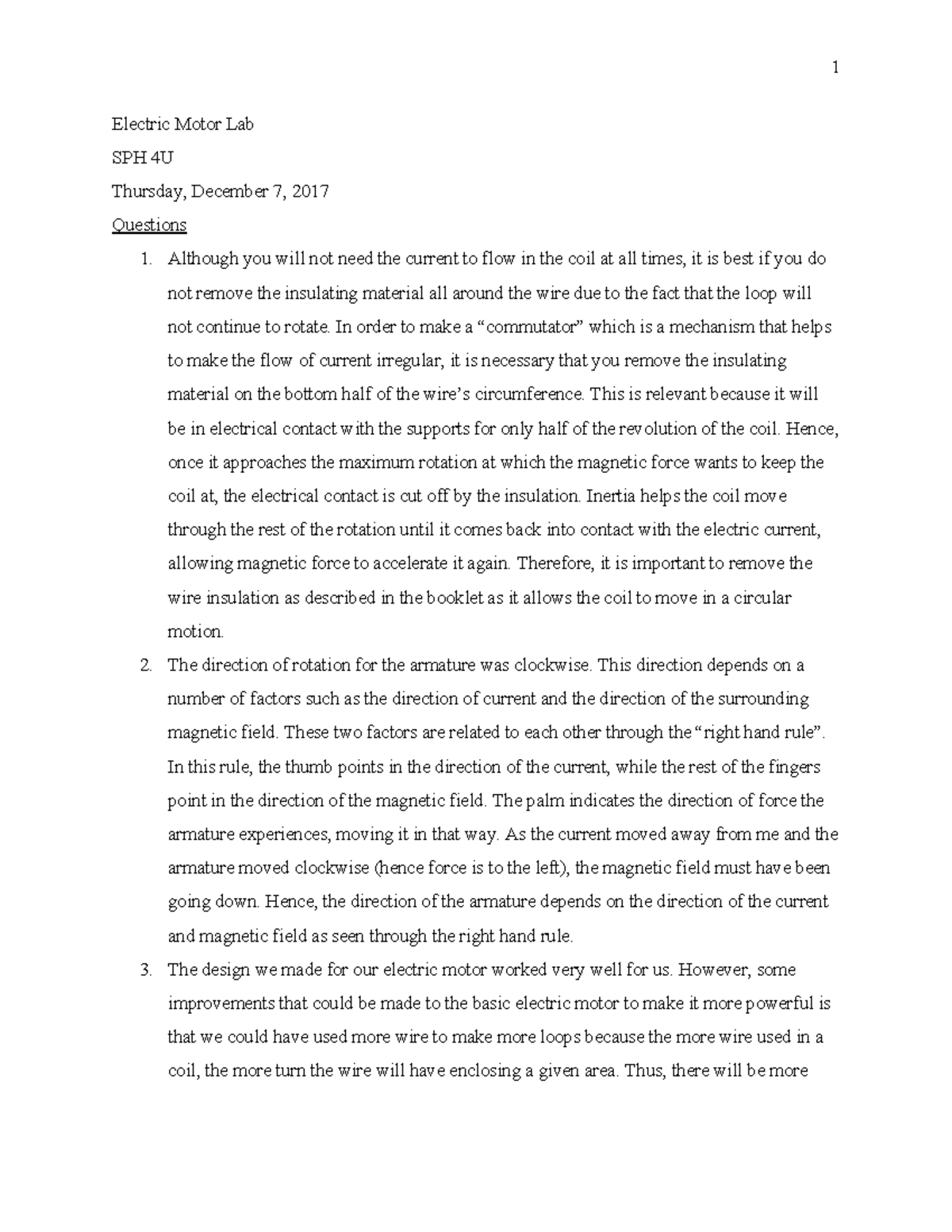 Electric Motor Lab lab writeup 1 Electric Motor Lab SPH 4U