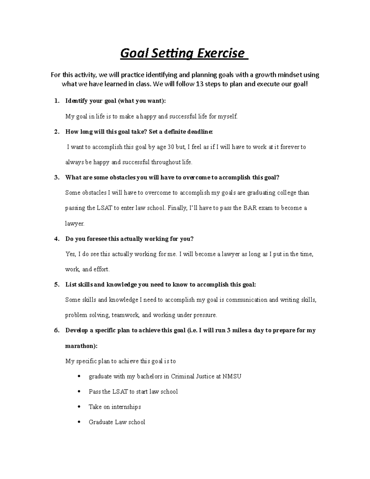 Goal+Setting - Goal setting assignment - Goal Setting Exercise For this ...