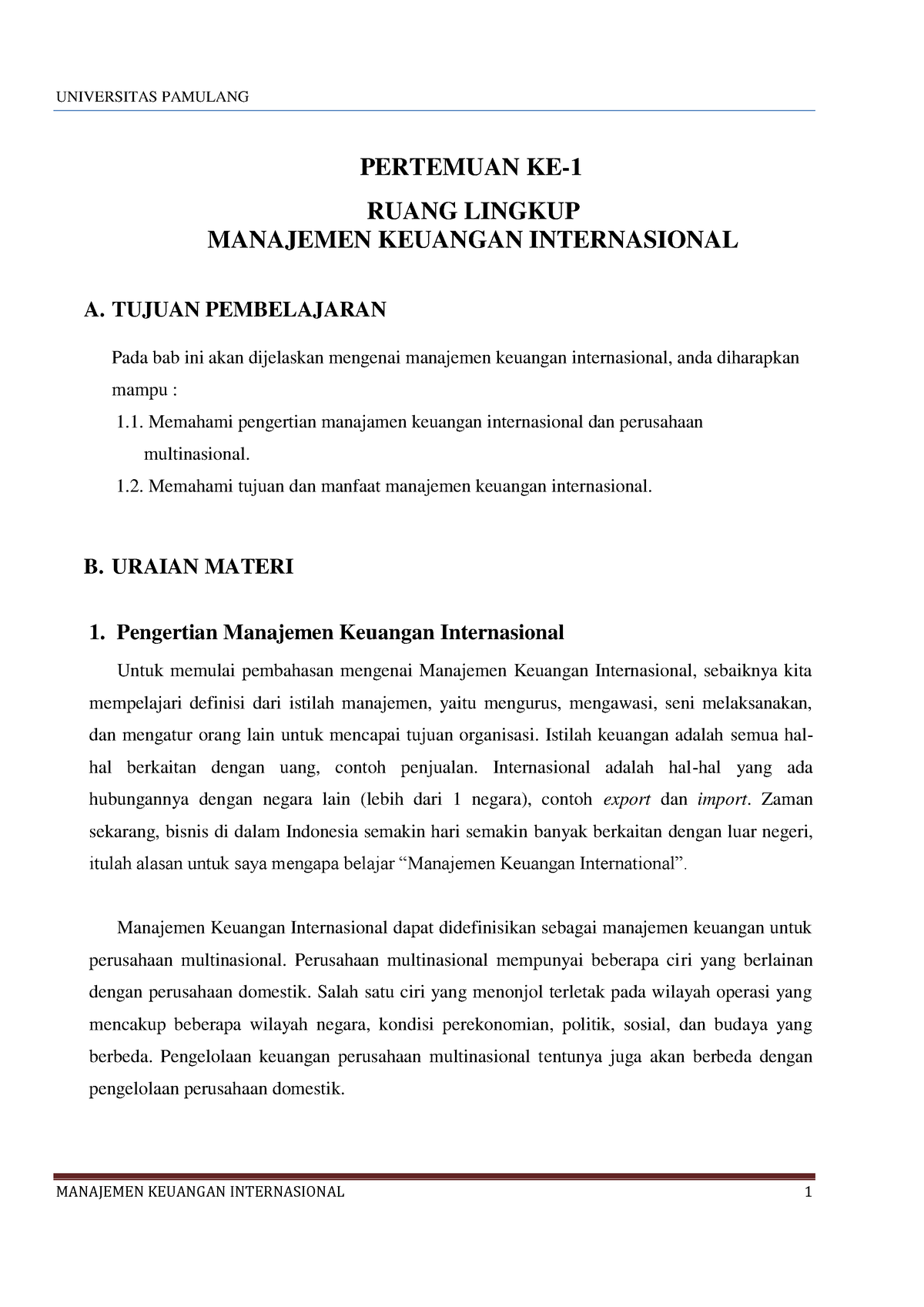 P1 Ruang Lingkup Manajemen Keuangan Internasional - PERTEMUAN KE- RUANG ...