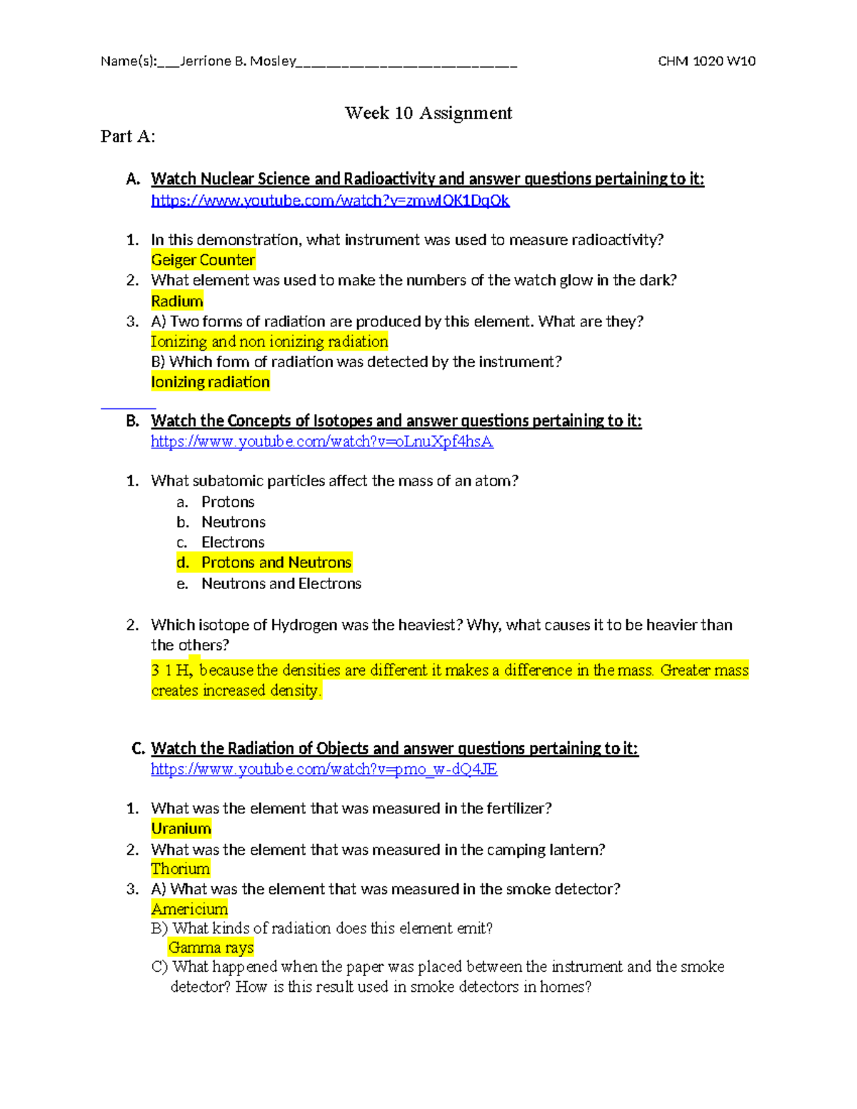 Chm1020 W10 Lab Assignment - Week 10 Assignment Part A: A. Watch ...