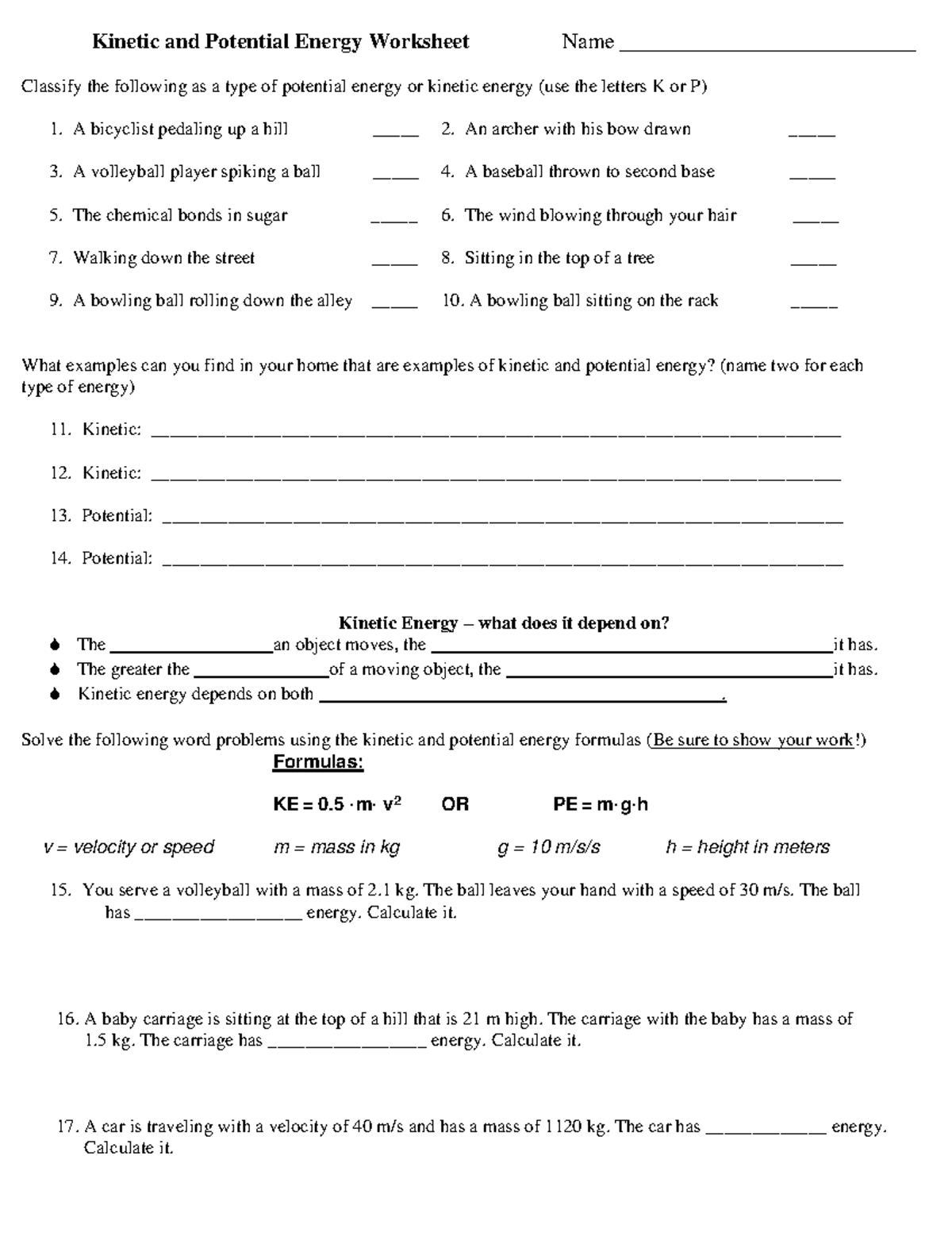 Kinetic And Potential Energy Worksheet A Bicyclist Pedaling Up A Hill