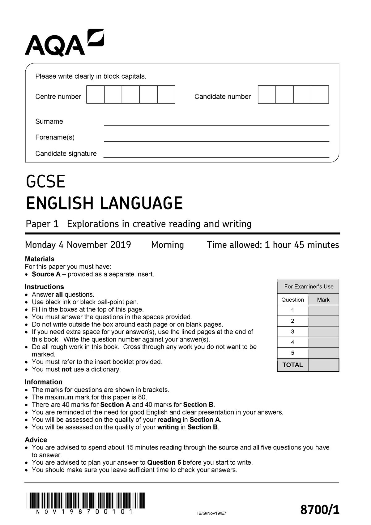 AQA 87001 QP NOV19 - This Is An English Language GCSE Past Practice ...