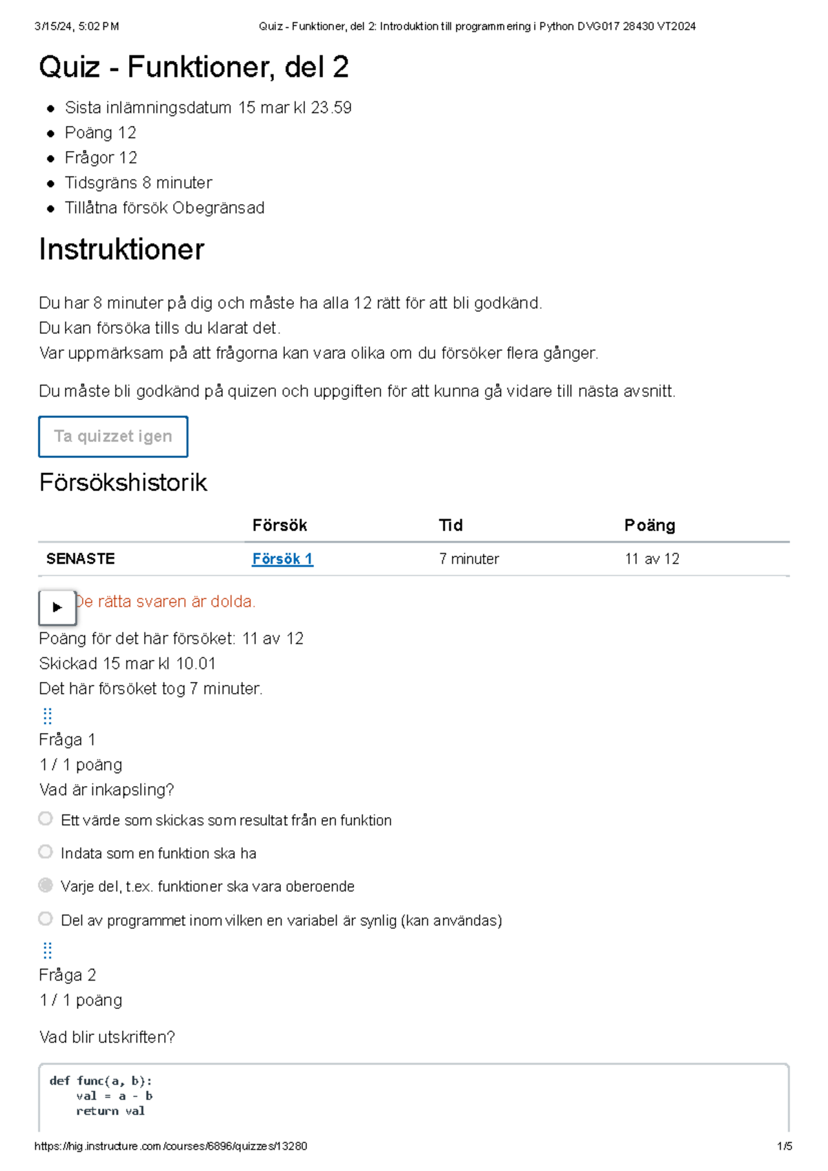 Quiz - Funktioner, del 2 Introduktion till programmering i Python ...