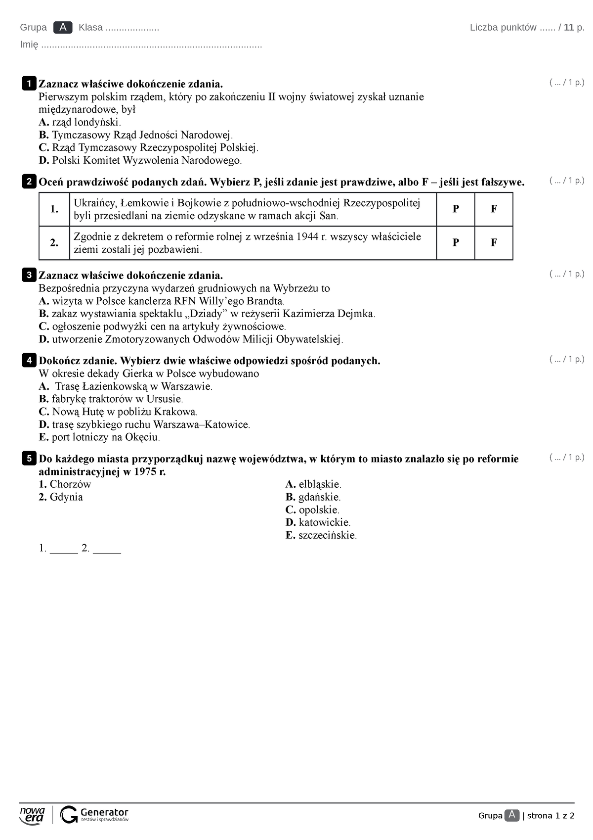 Test, Rozdział IV Test (z Widoczną Punktacją) - Grupa A | Strona 1 Z 2 ...