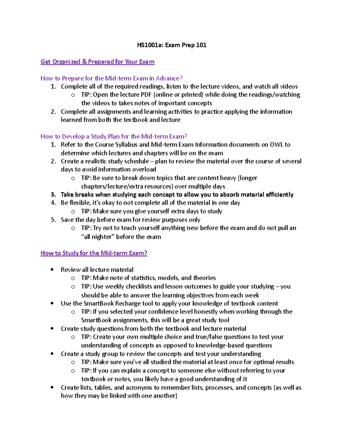 HS1001 Study Tips Suggestions - HS1001a: Exam Prep 101 Get Organized ...