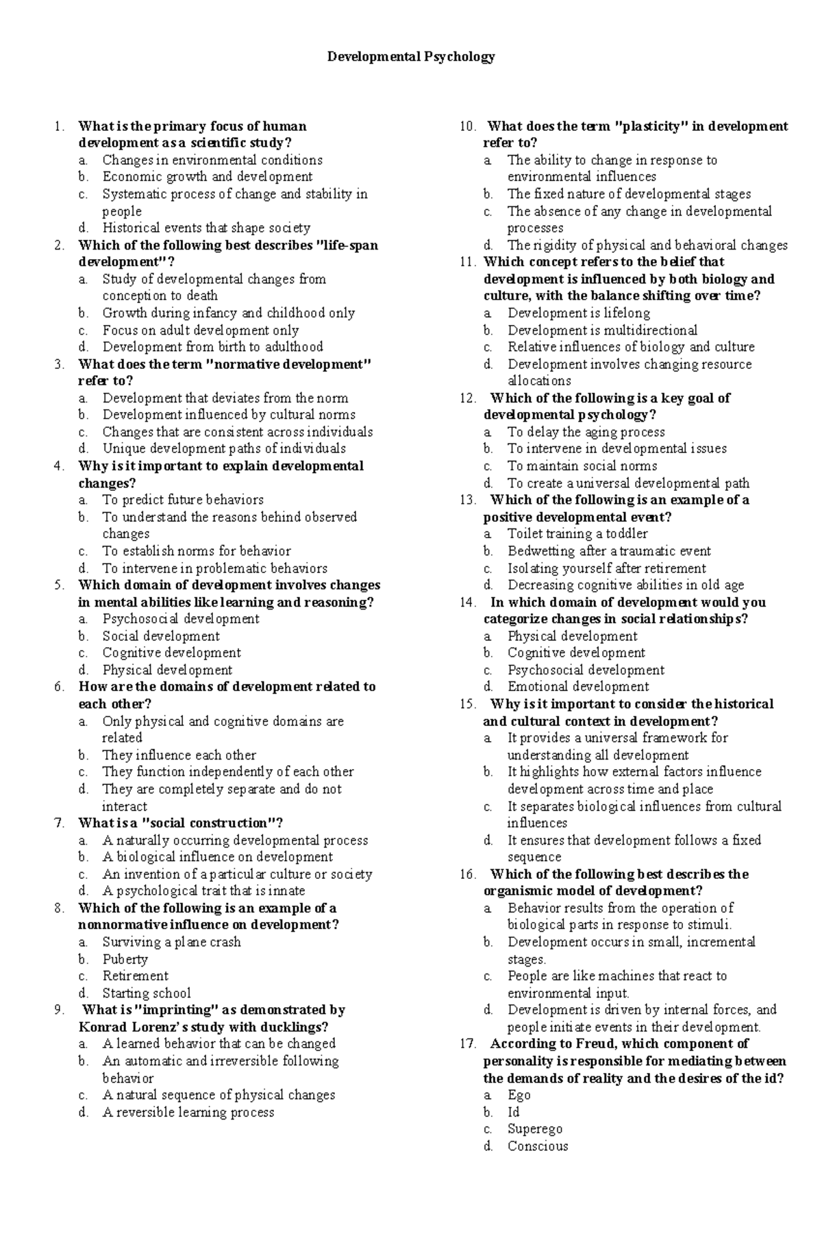 Practice Questions - Not Available - Developmental Psychology What is ...