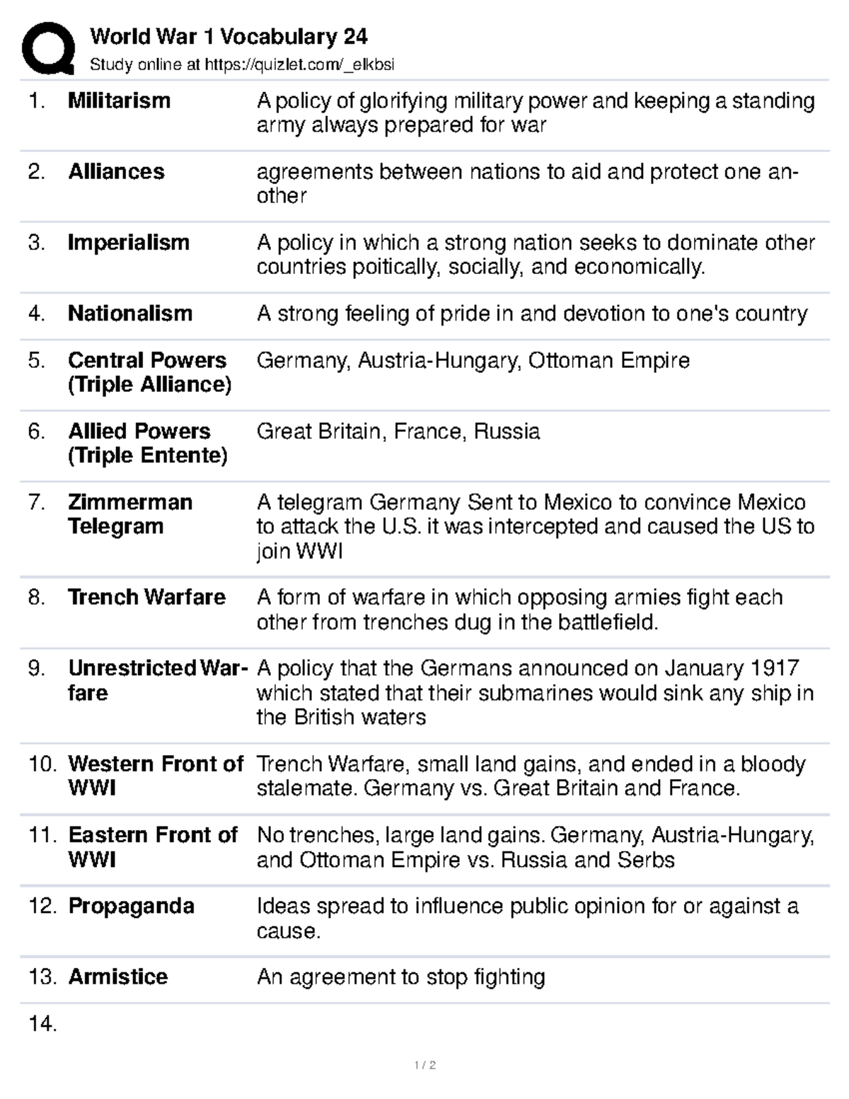 WW1 Vocab - World War 1 Vocabulary 24 Study online at quizlet/_elkbsi ...