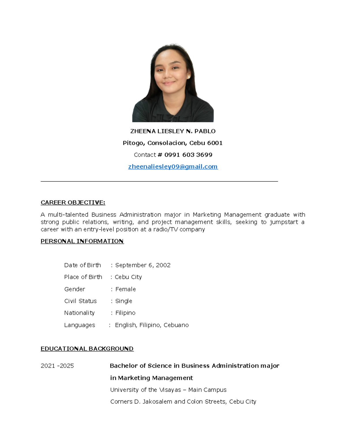 Pablo, Resume - ZHEENA LIESLEY N. PABLO Pitogo, Consolacion, Cebu 6001 ...