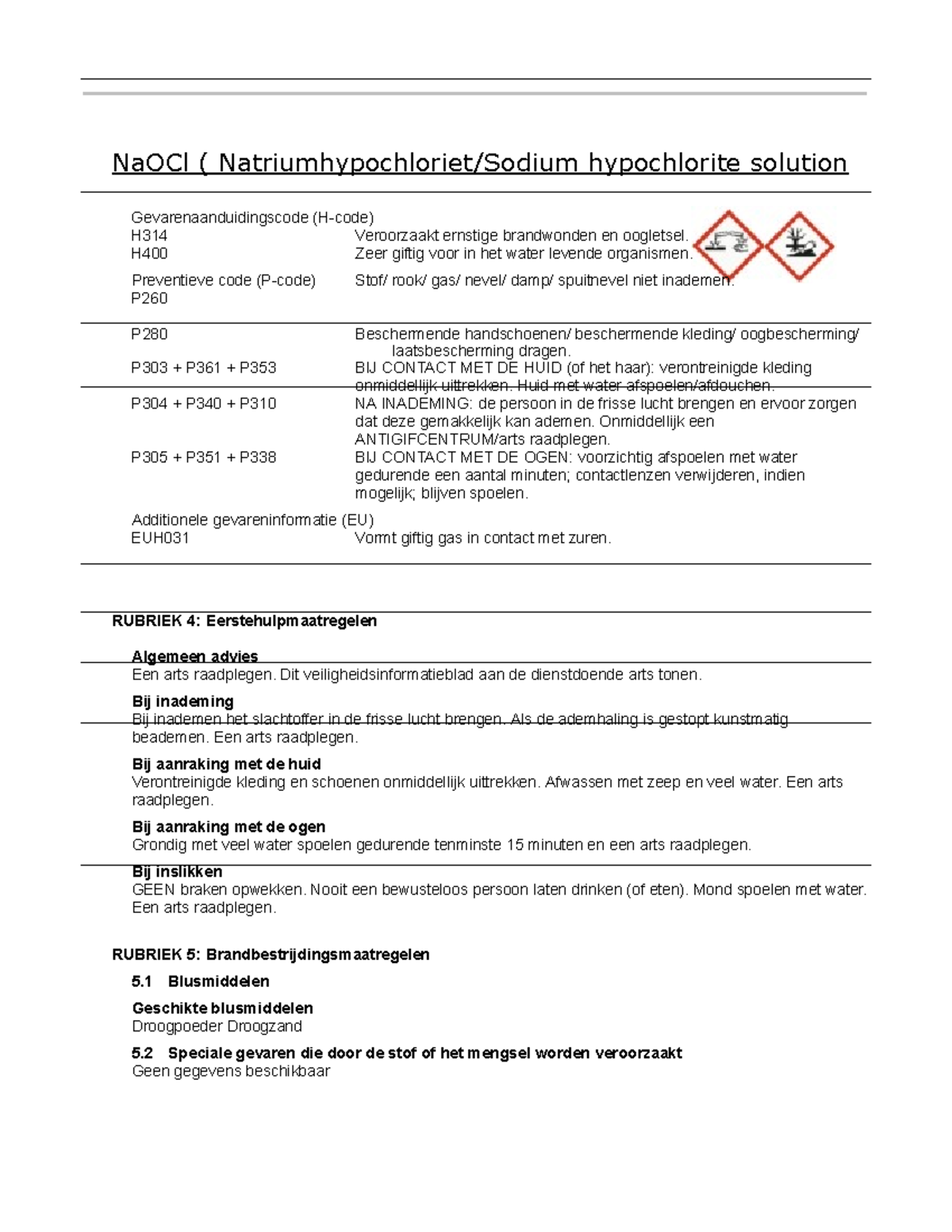 Sds natrium hypochloriet Na OCl NaOCl ( Natriumhypochloriet/ Sodium