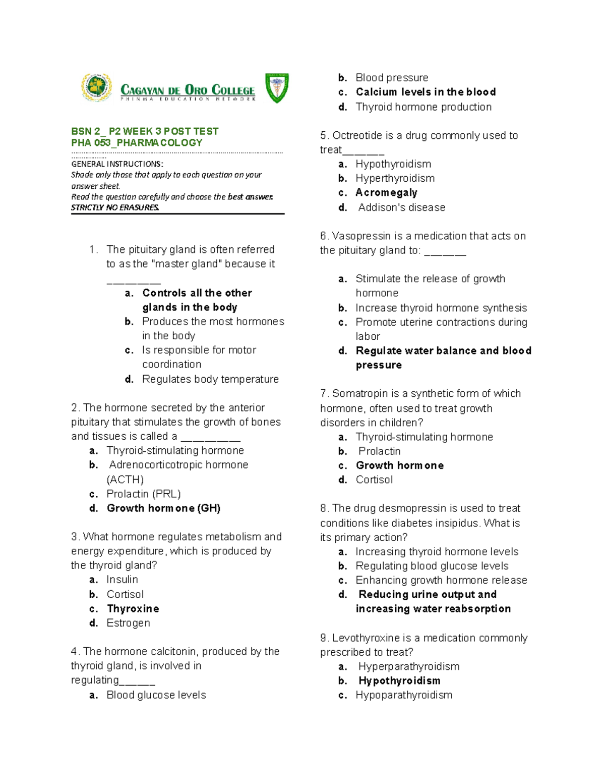 P2W3 PHA 053 - Post test - BSN 2_ P2 WEEK 3 POST TEST PHA 053 ...