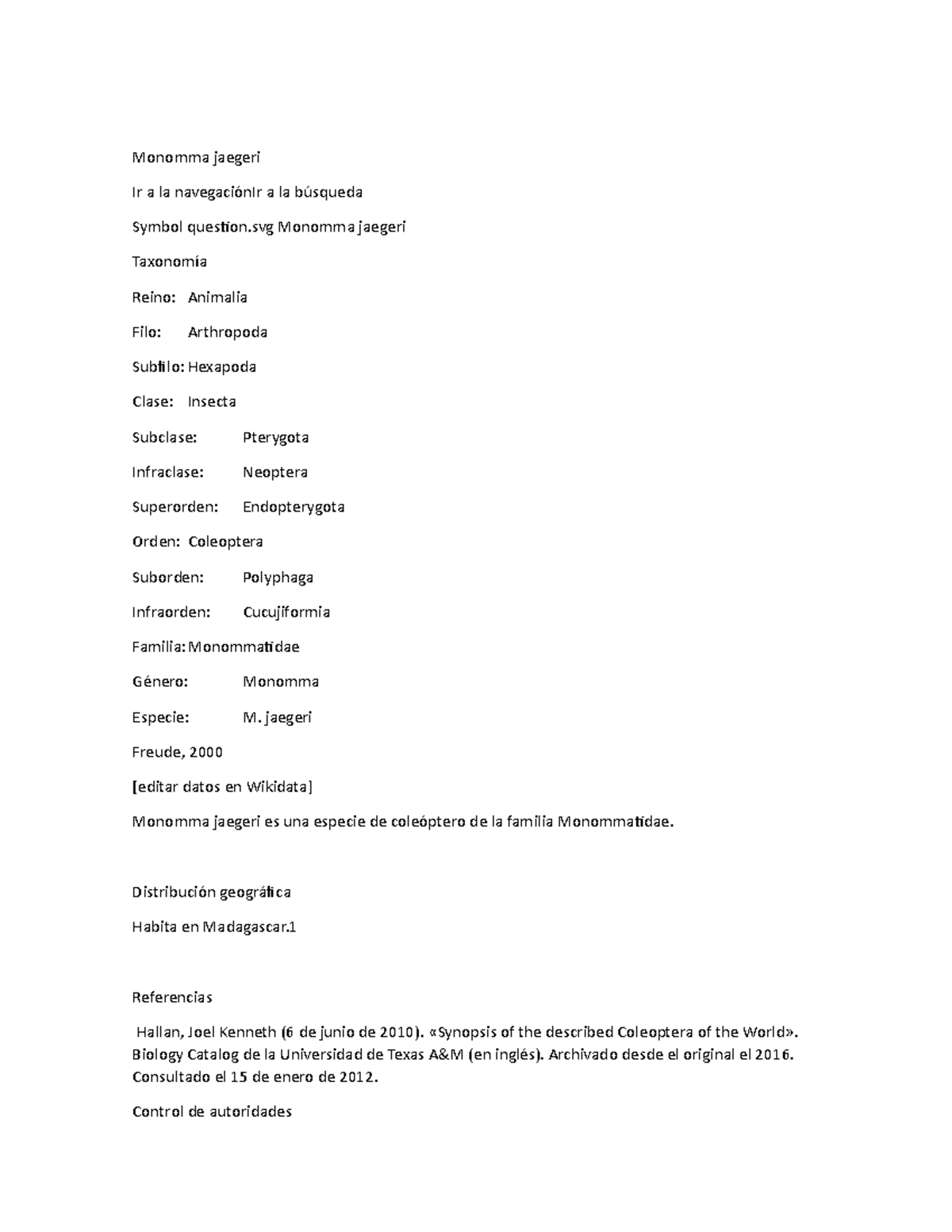 Monomma jaegeri un breve resumen sobre aquel acontecimiento de ese