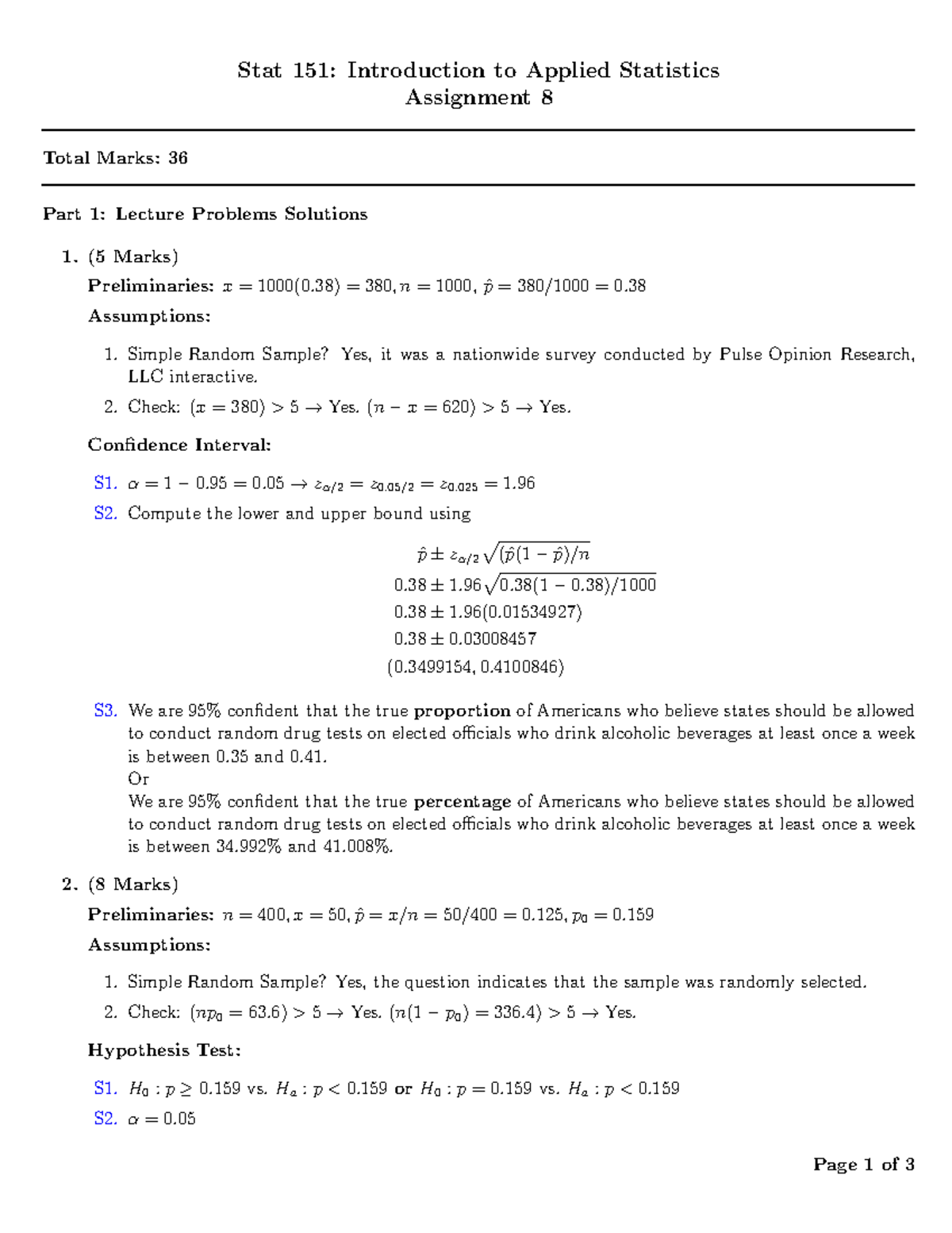 W S151 A8 Solutions Stat 151 Introduction To Applied Statistics Assignment Total Marks 36 Part Lecture Problems Solutions Marks Preliminaries 1000 38 380 Studocu