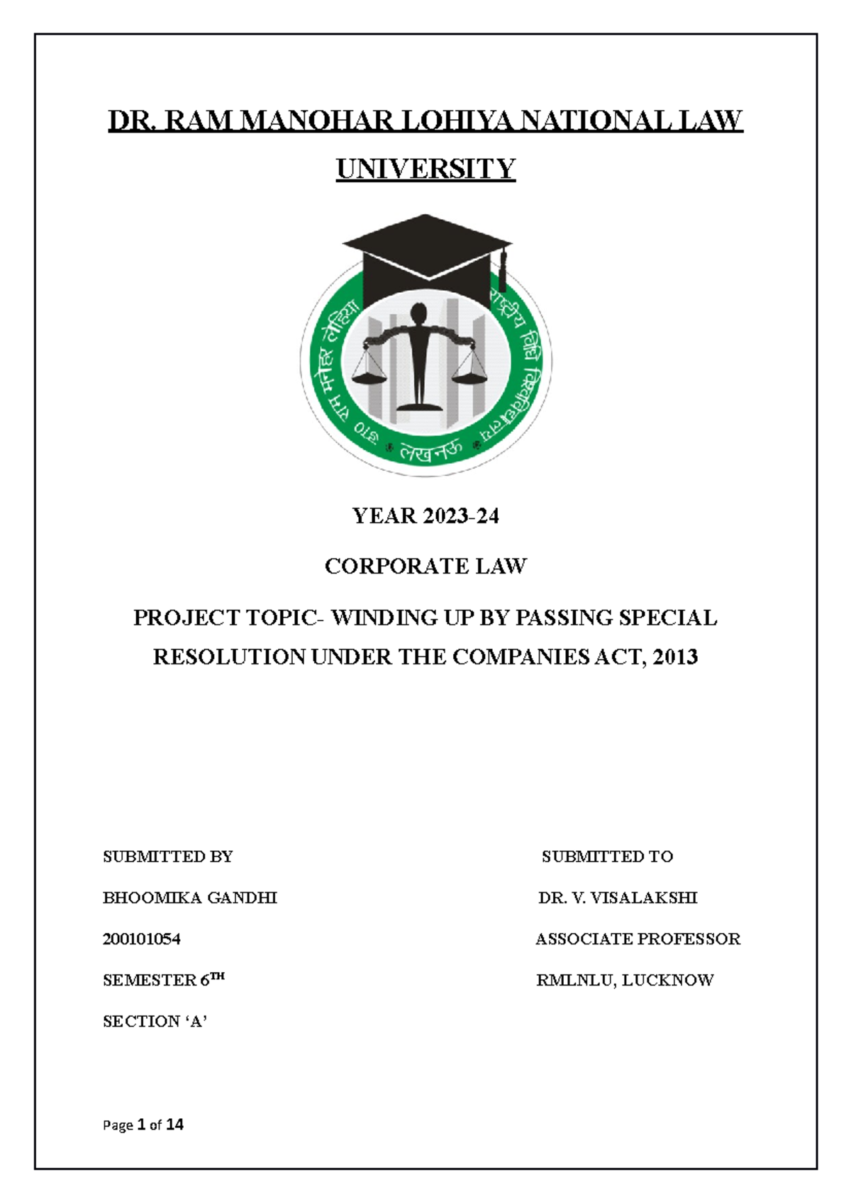 Corporate LAW Project - DR. RAM MANOHAR LOHIYA NATIONAL LAW UNIVERSITY ...