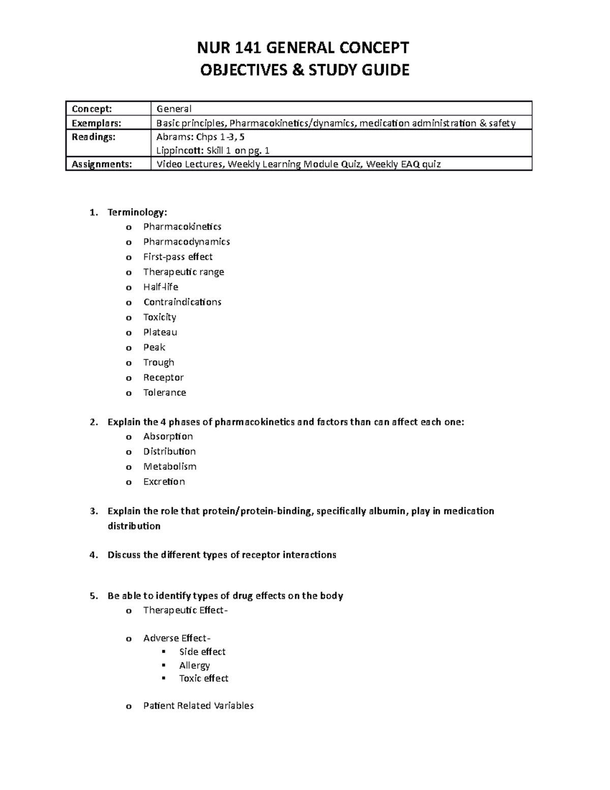 Study Guide Basic Principles NUR 141 GENERAL CONCEPT OBJECTIVES & STUDY GUIDE Concept General