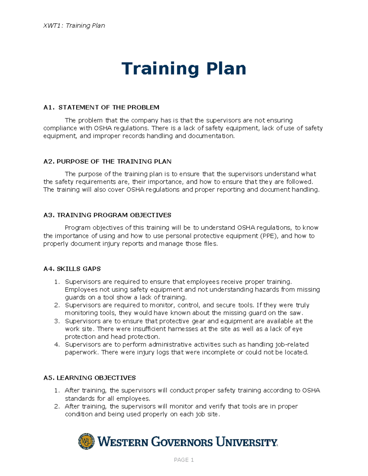 C235 Task 1 - Pass - XWT1: Training Plan Training Plan A1. STATEMENT OF ...