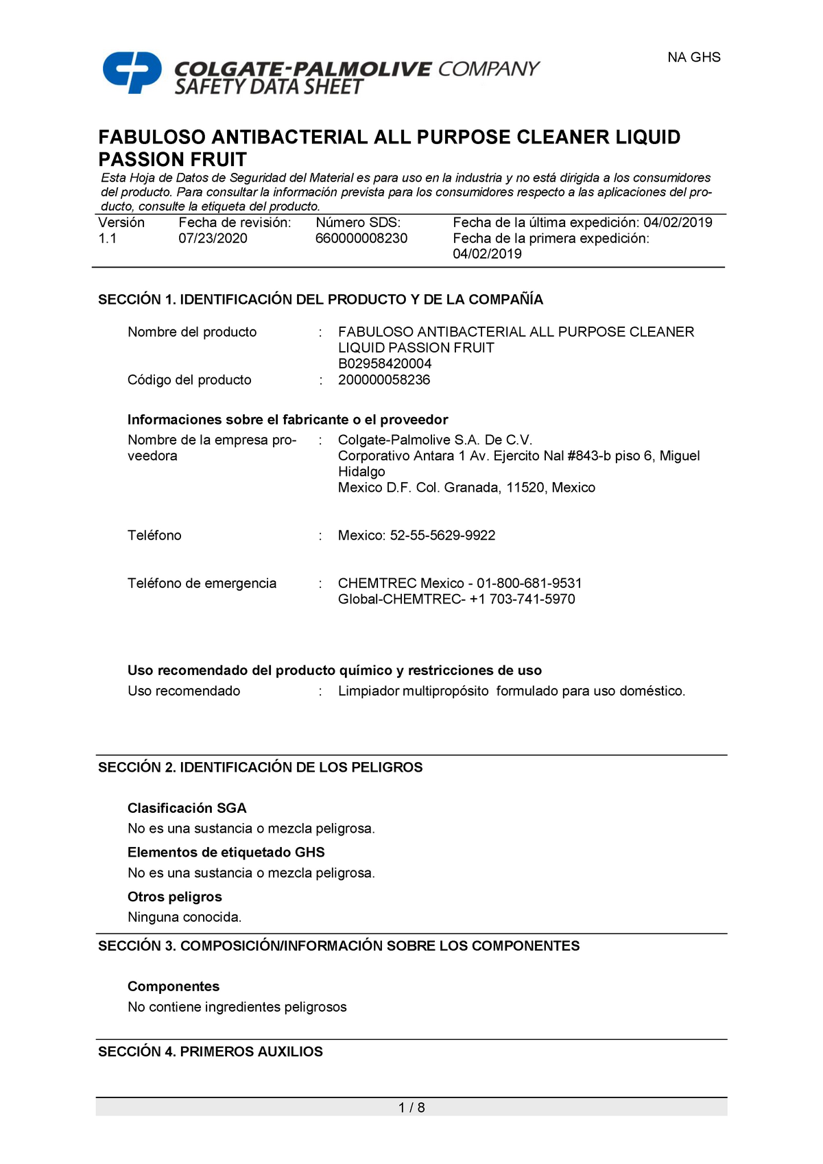 7) MSDS Fabuloso Pasion de Frutas Química Organica ITCh Studocu