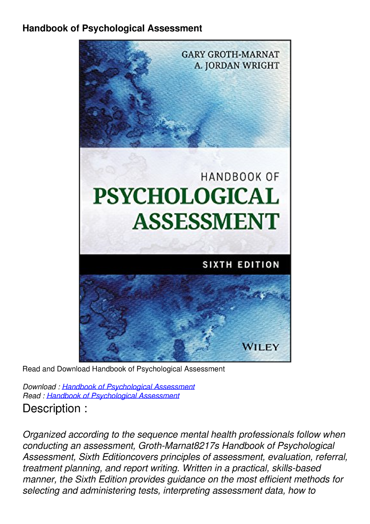 Kindle Online Handbook Of Psychological Assessment - Handbook Of ...