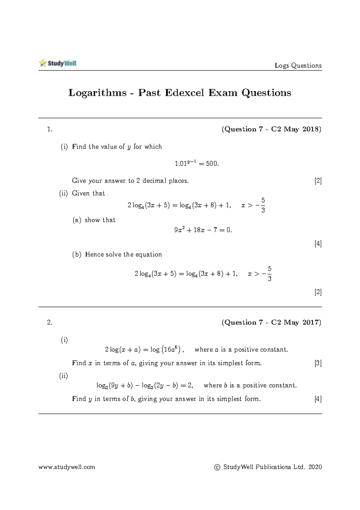 Logarithms Give Your Answer To 2 Decimal Places 2 ii Given That 