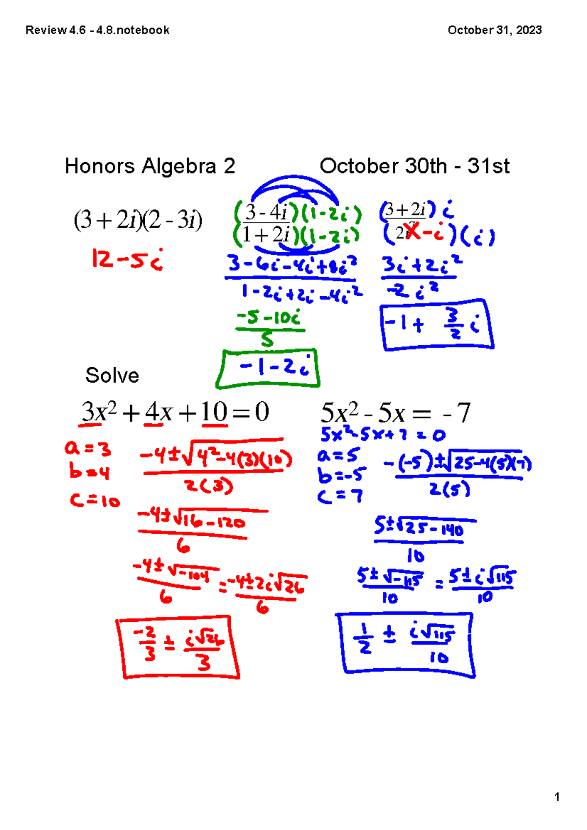 Review+4 - Section+4 - Honors Algebra 2 October 30th 31st Solve ...