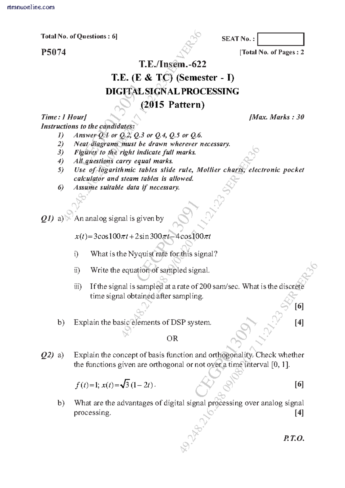 Be etc 5 sem digital signal processing p(15) aug 2017 - 2x F2 2 2X2T 2x ...