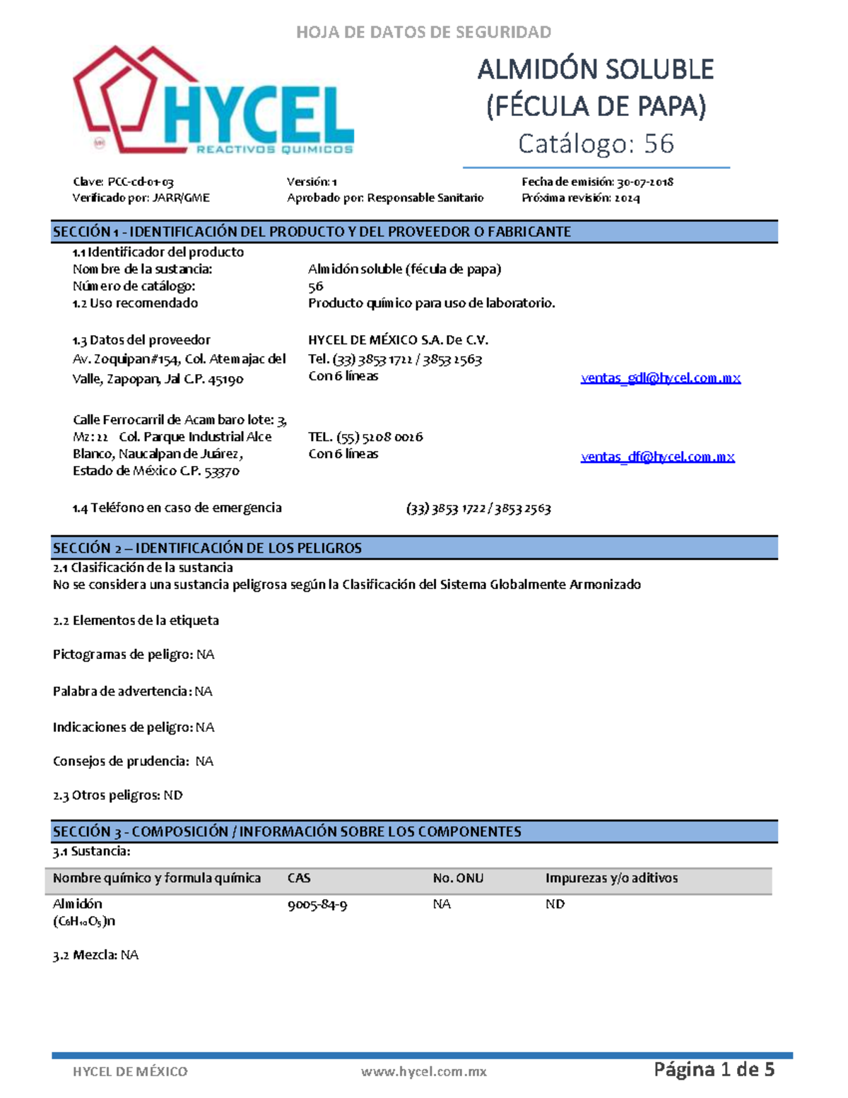 25-Almidon - hds - HOJA DE DATOS DE SEGURIDAD HYCEL DE M.. hycel.com P ...