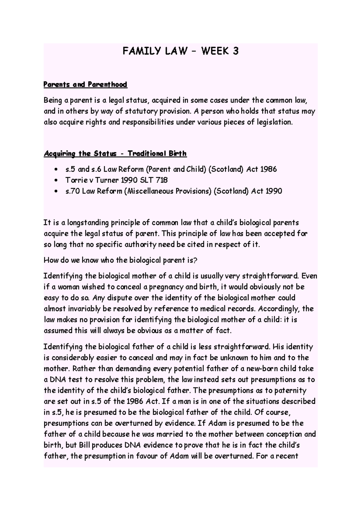 Week 3 - notes for week 3 of family law - FAMILY LAW – WEEK 3 Parents ...
