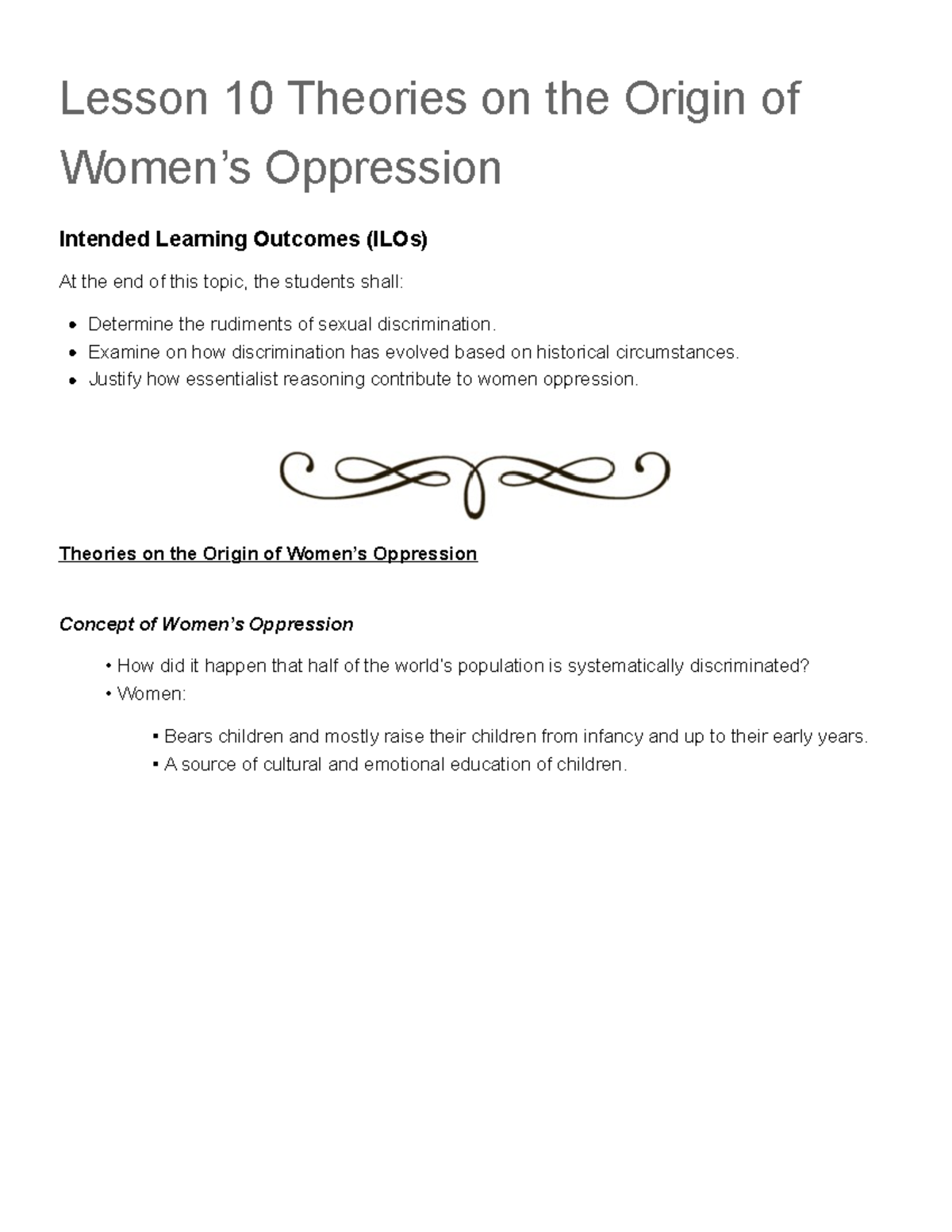 Lesson 10 Theories on the Origin of Women’s Oppression GEE 001B GE