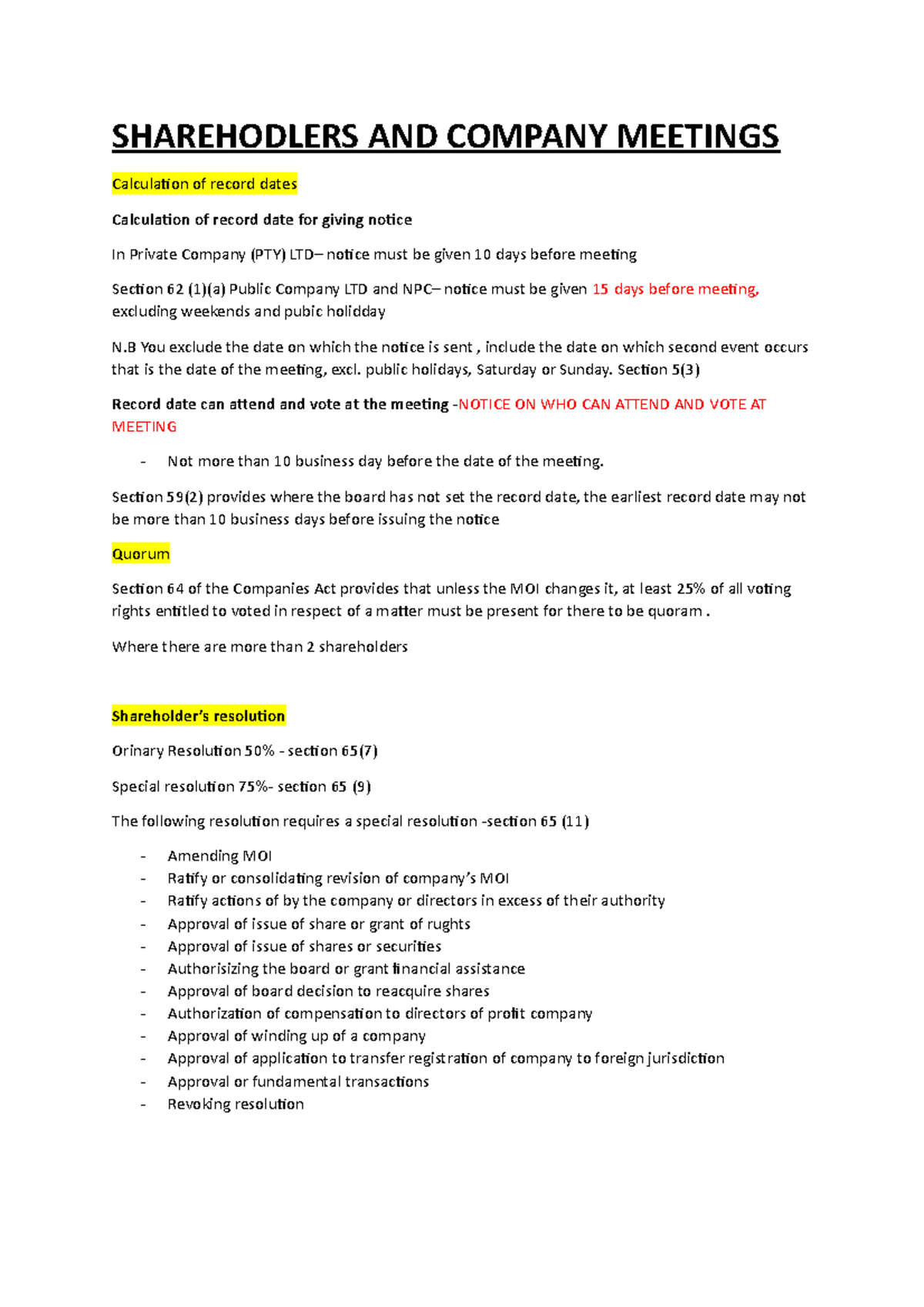 Shareholders and Company Meetings Brief notes - JMMV311 - Mandela - Studocu