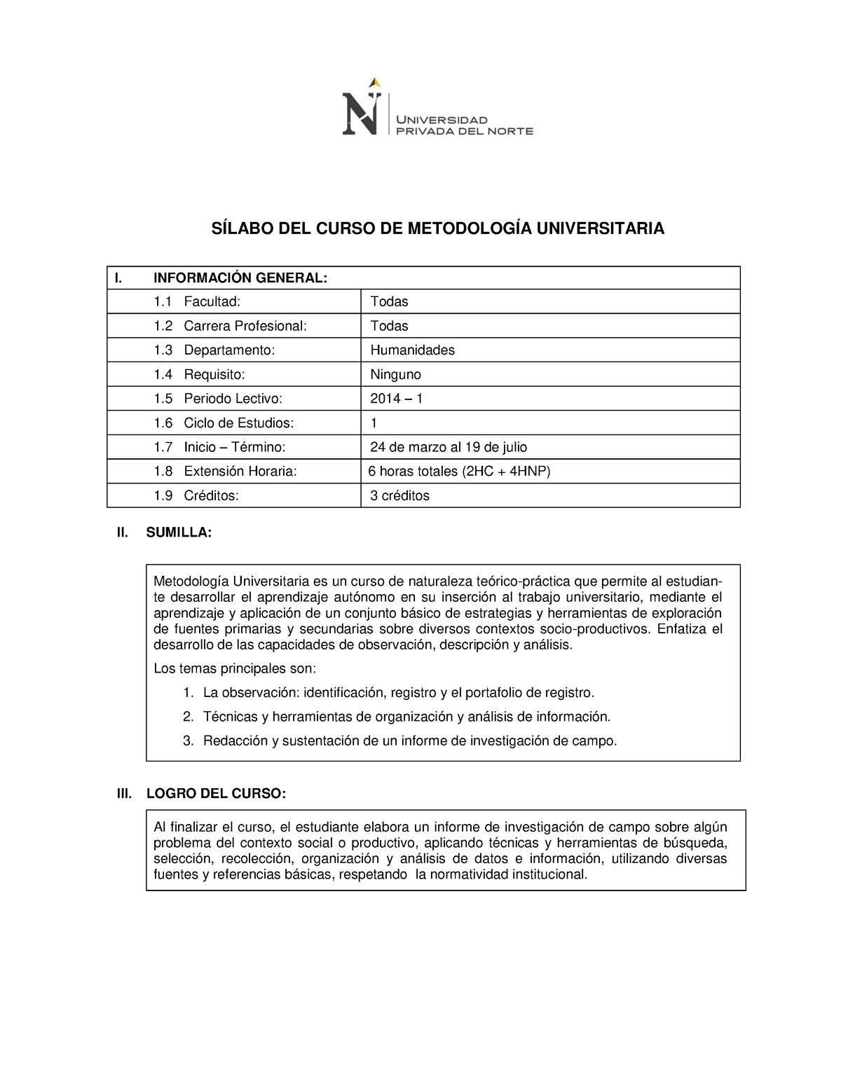 Sílabo DEL Curso DE Metodología Universitaria - SÍLABO DEL CURSO DE ...