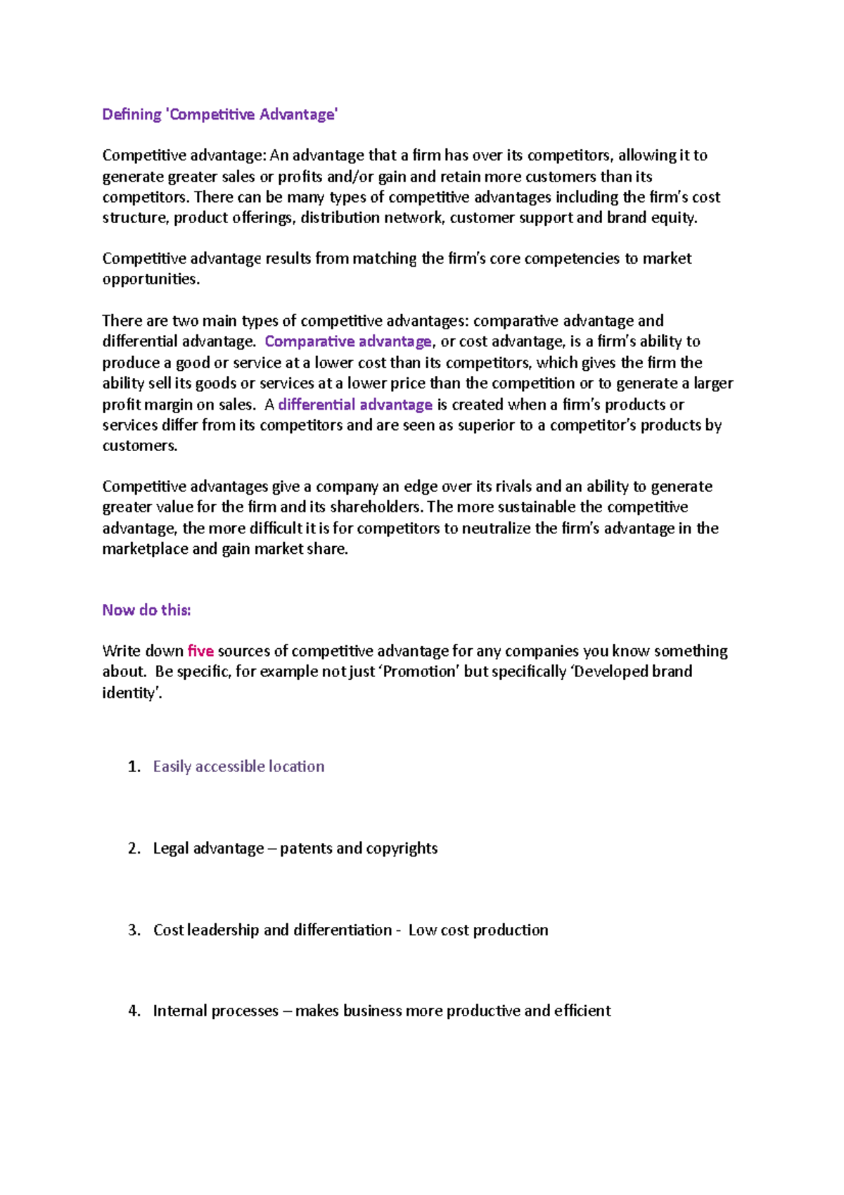 Class activity - Defining 'Competitive Advantage' - Defining ...