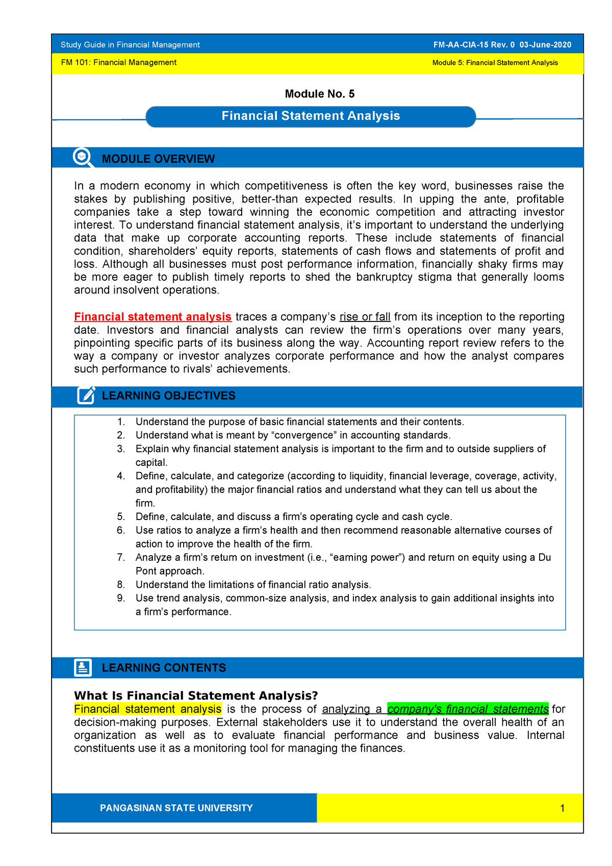 FM 101 SG 5 - Financial Statement Analysis FM 101: Financial Management ...