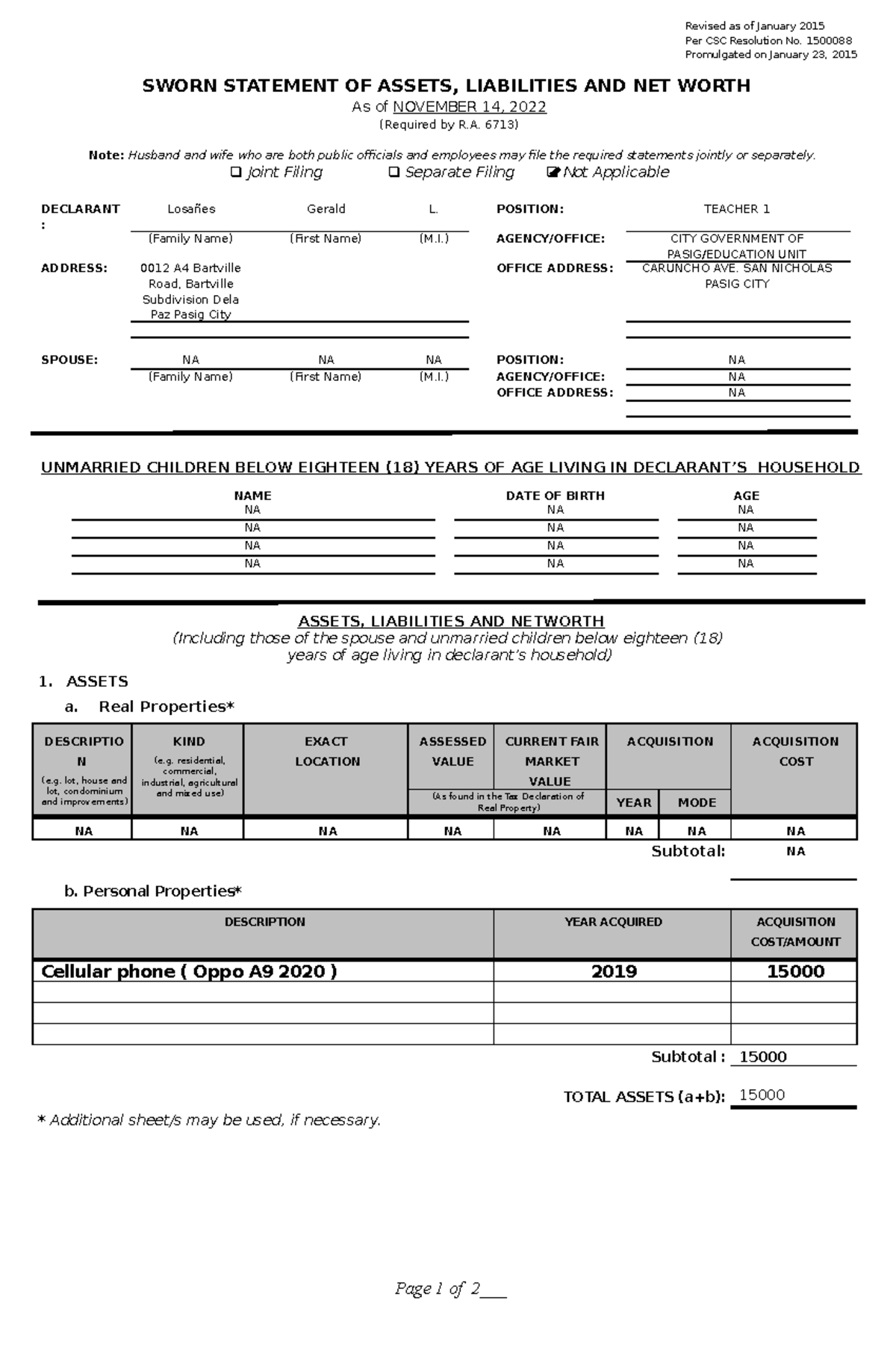 2015 SALN Form - Samples - Revised as of January 2015 Per CSC ...