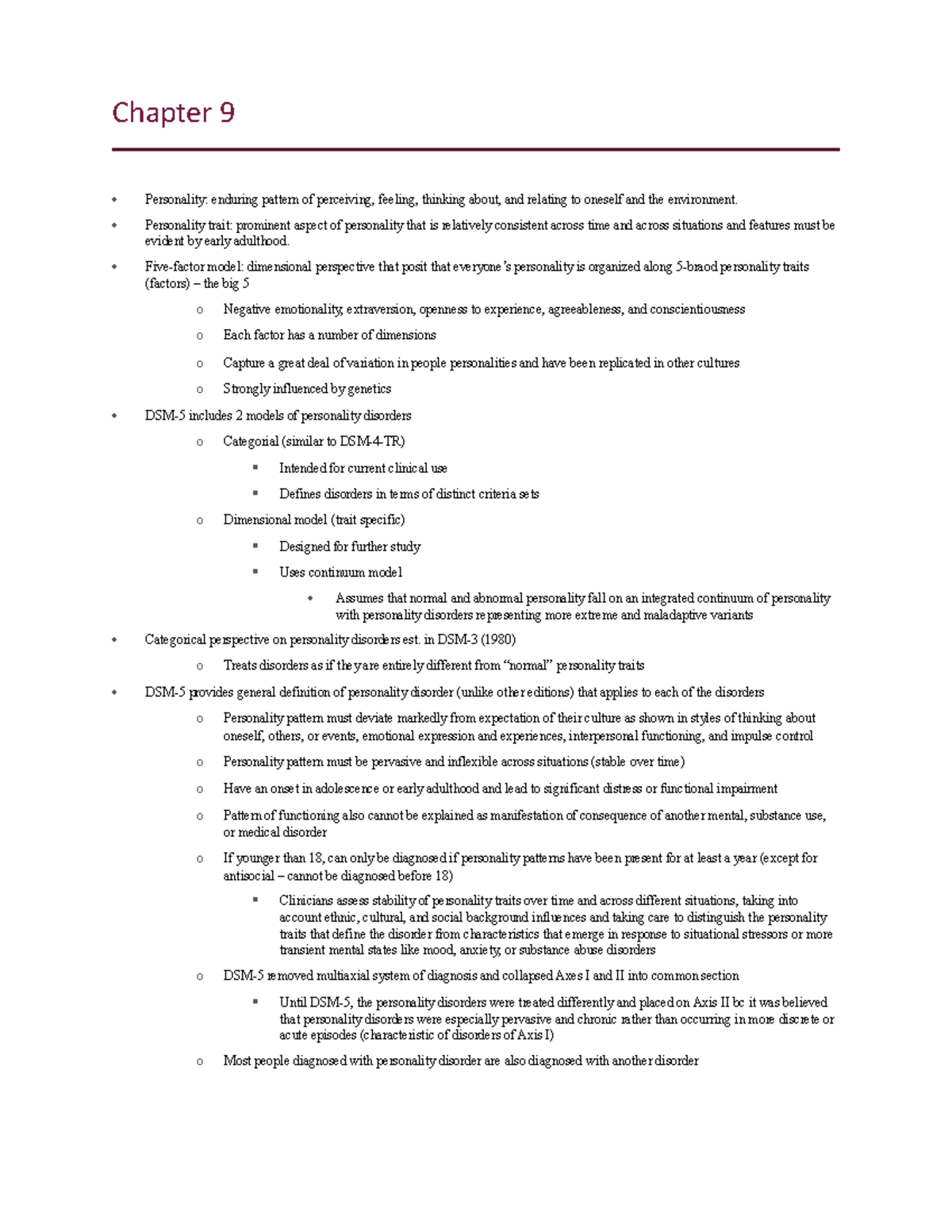 Chapter 9 - Abnormal Psychology Book Notes - Chapter 9 Personality ...