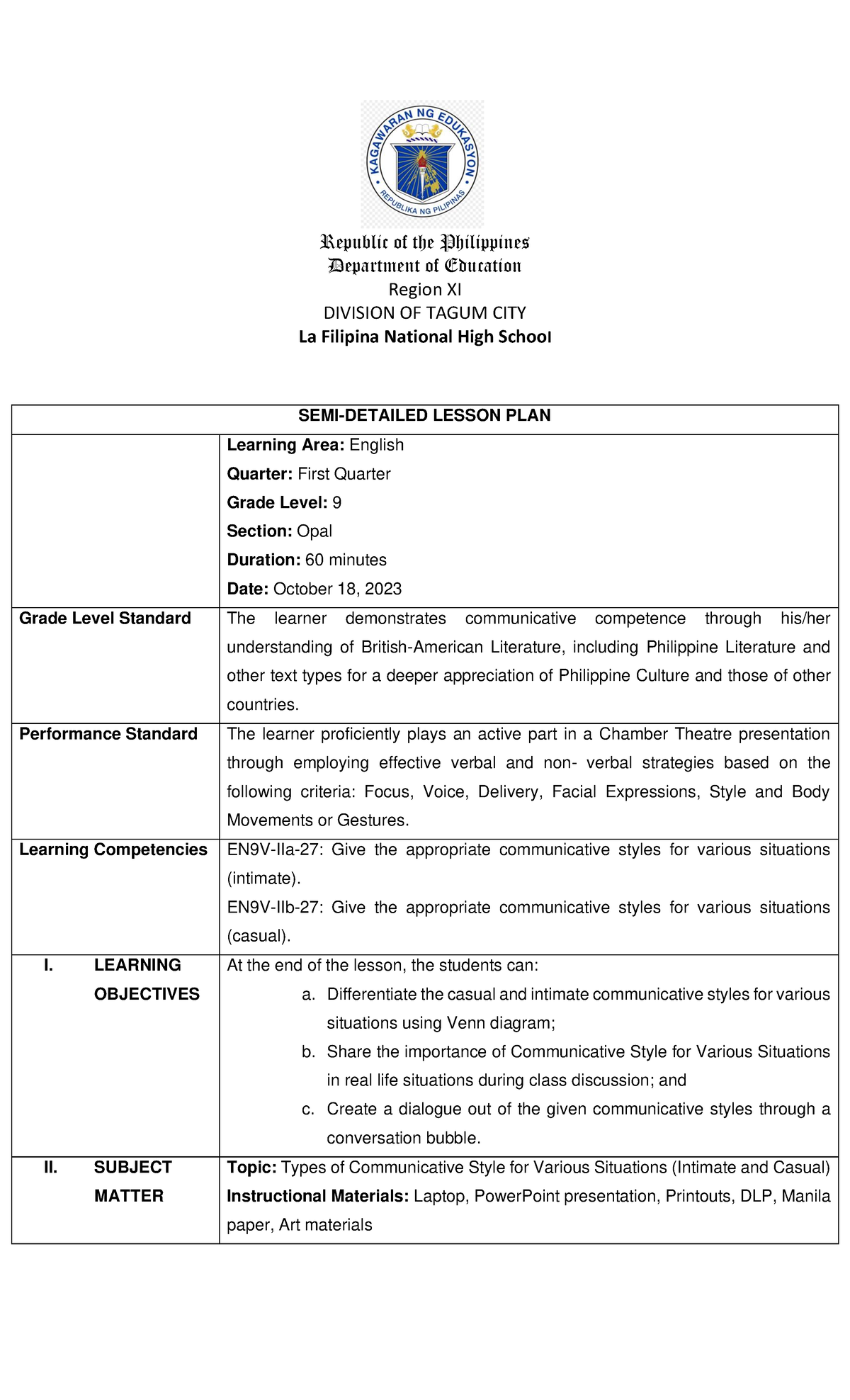 Claryyy Lesson-PLAN - Lesson Plan - Republic of the Philippines ...