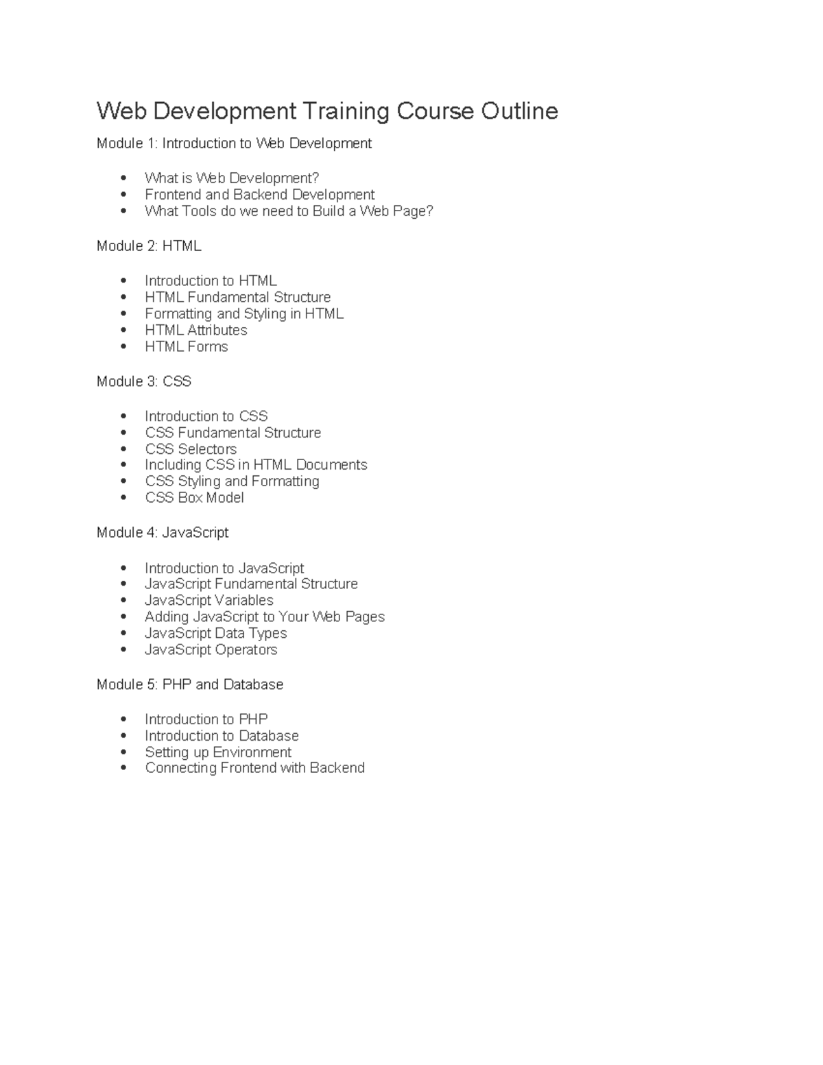 Web Development Training Course Outline - Studocu