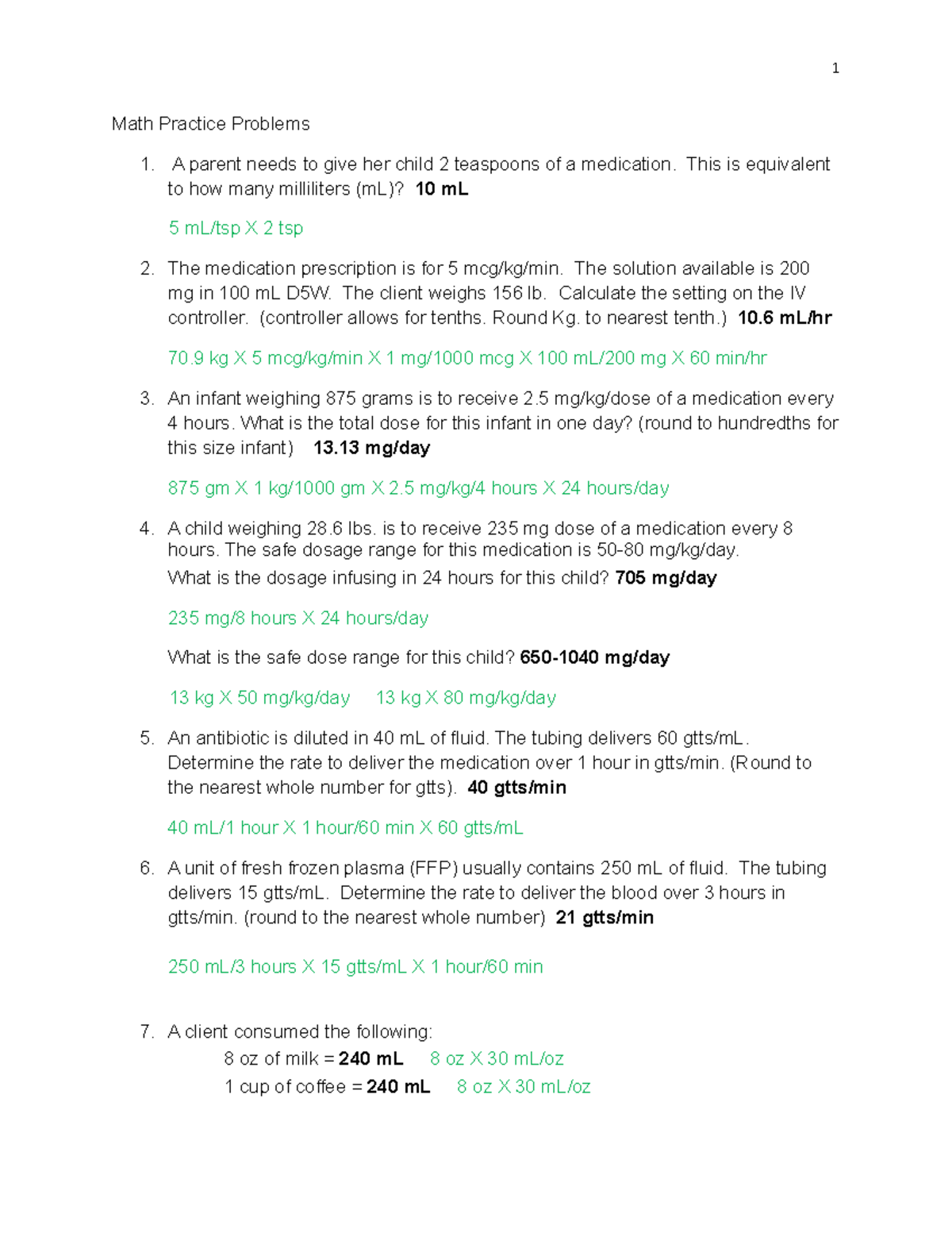 KEY Math Practice Questions - 1 Math Practice Problems A parent needs ...