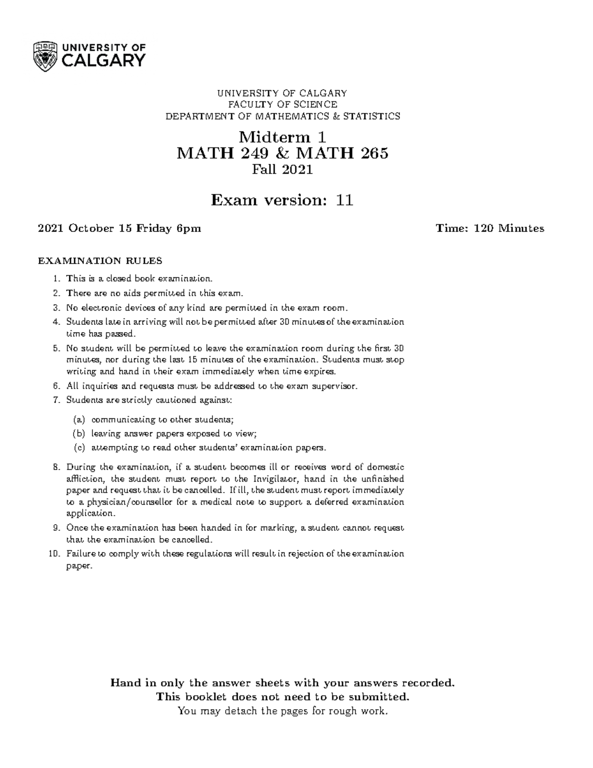 249 265 F2021Midterm 1 Version 11 - UNIVERSITY OF CALGARY FACULTY OF ...
