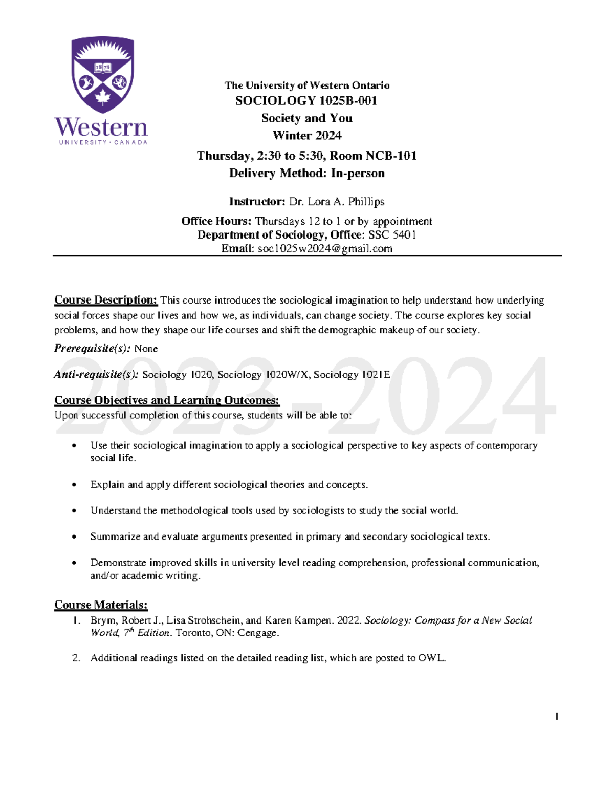 Syllabus 1025B 001 Phillips Winter 2024 detailed - The University of ...