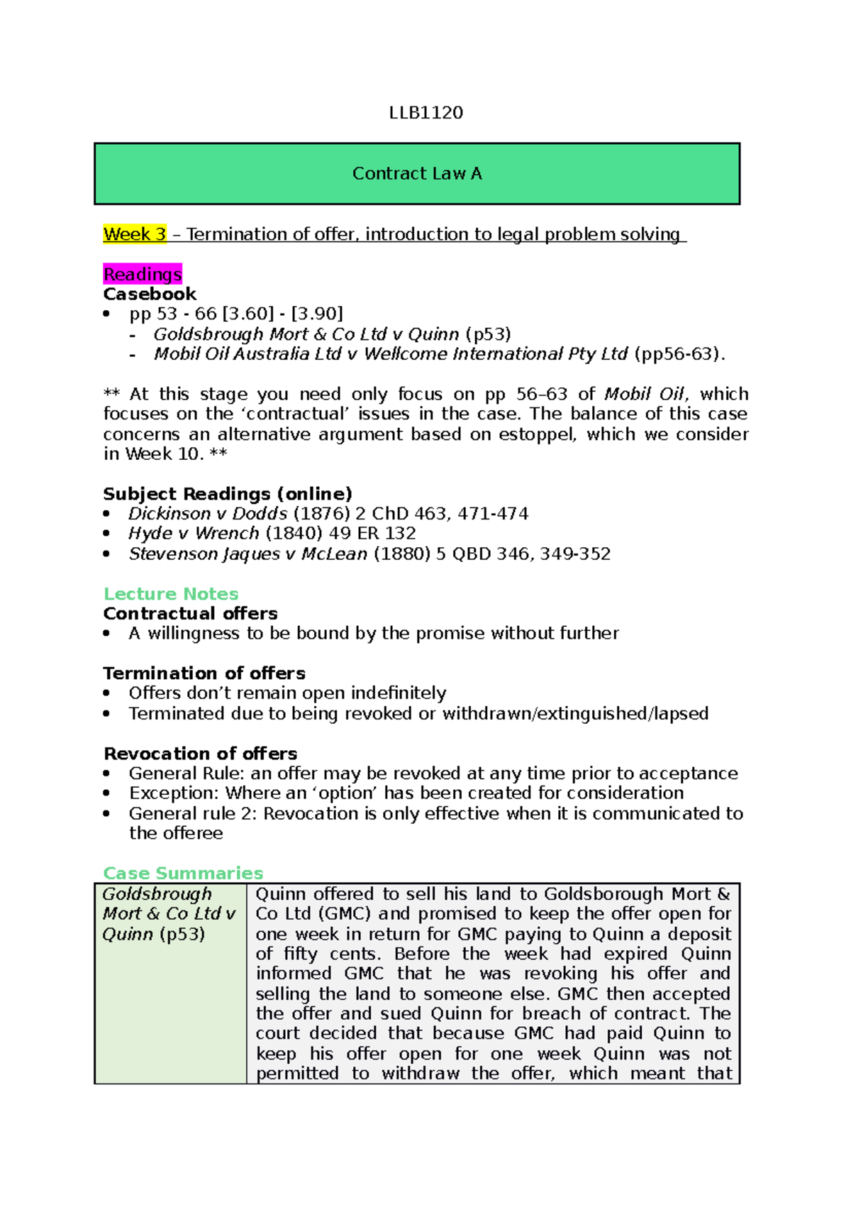 LLB1120 - Week 3 - Week 3 - LLB Contract Law A Week 3 – Termination of ...