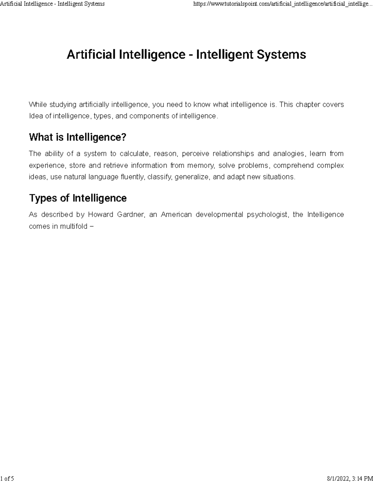 Artificial Intelligence - Intelligent Systems - This chapter covers ...