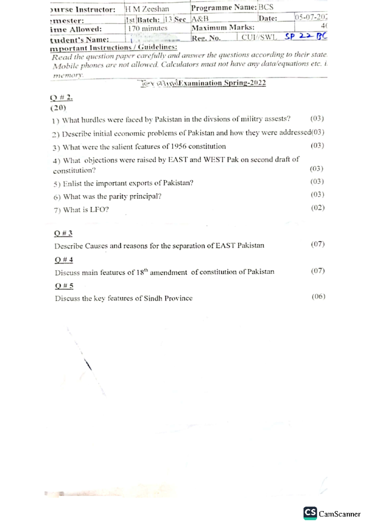 Pst - Pakistan Studies Paper By Hafiz Zeeshan-CUI Sahiwal - CamScanner ...
