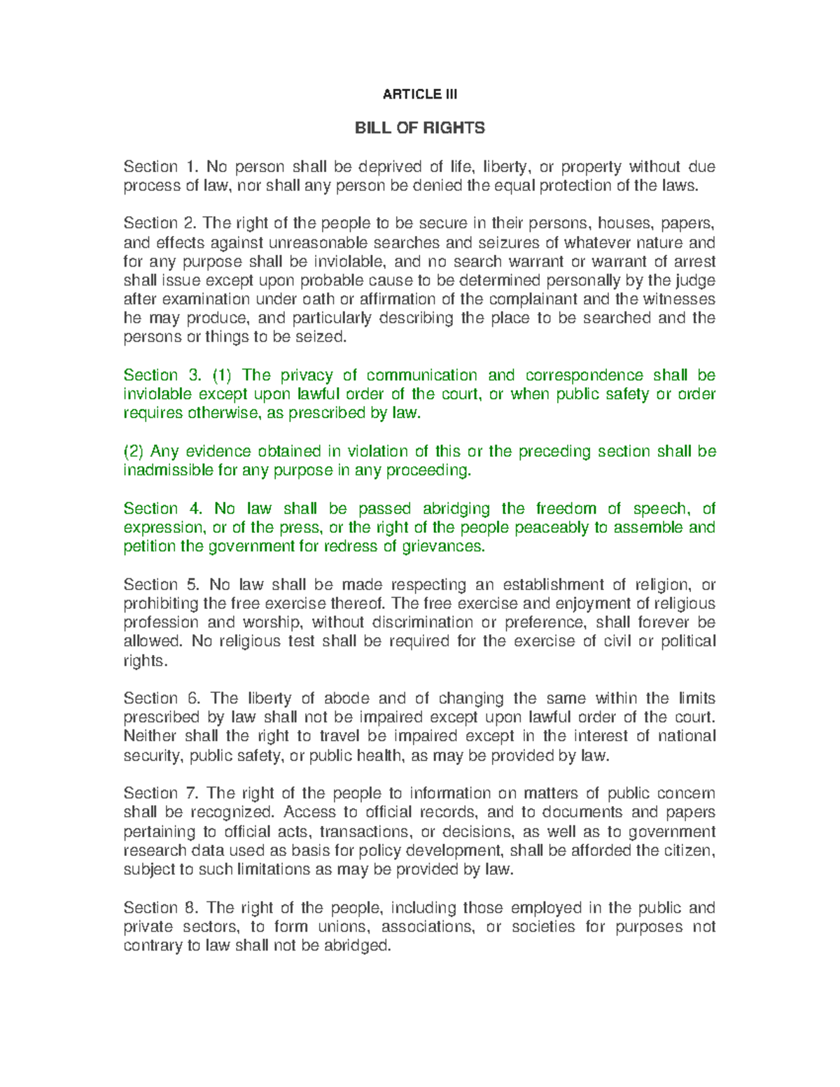 BILL OF Rights - ARTICLE III BILL OF RIGHTS Section 1. No Person Shall ...