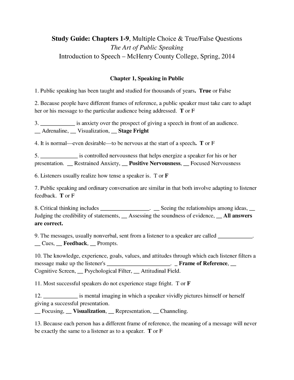 Midterm Exam Study Guide, Chapters 1-9, Spring 2014 - Study Guide ...