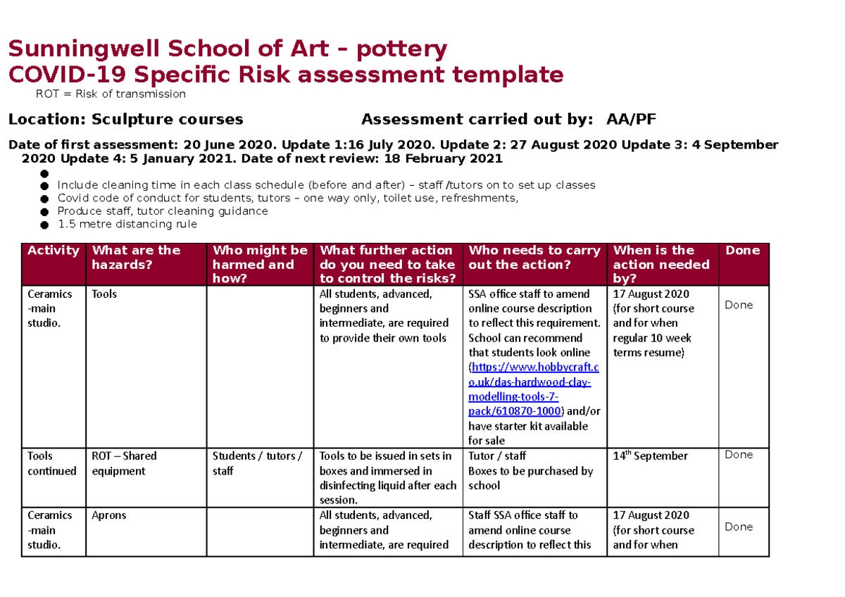 Covid risk assessment SSOA Sculpture Sunningwell School of Art