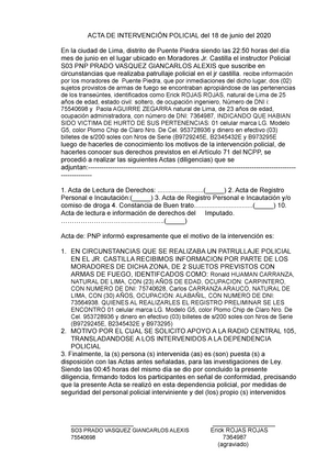 ACTA DE Intervención Policial del 18 de junio del 2020 - ACTA DE  INTERVENCIÓN POLICIAL del 18 de - Studocu