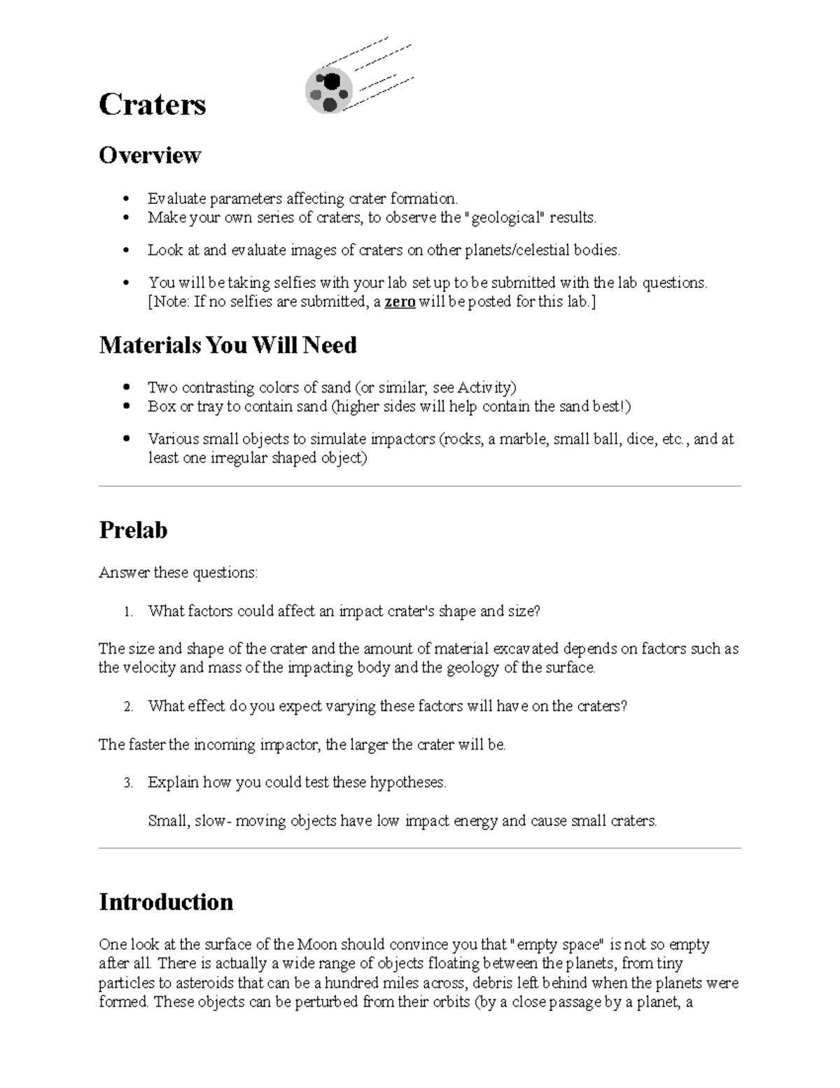 Cratering Lab Rev2 - Lab - Craters Overview Evaluate parameters ...
