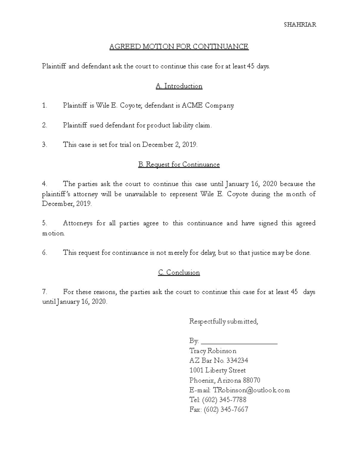 Motion for Continuance, Order and Certificates AGREED MOTION FOR